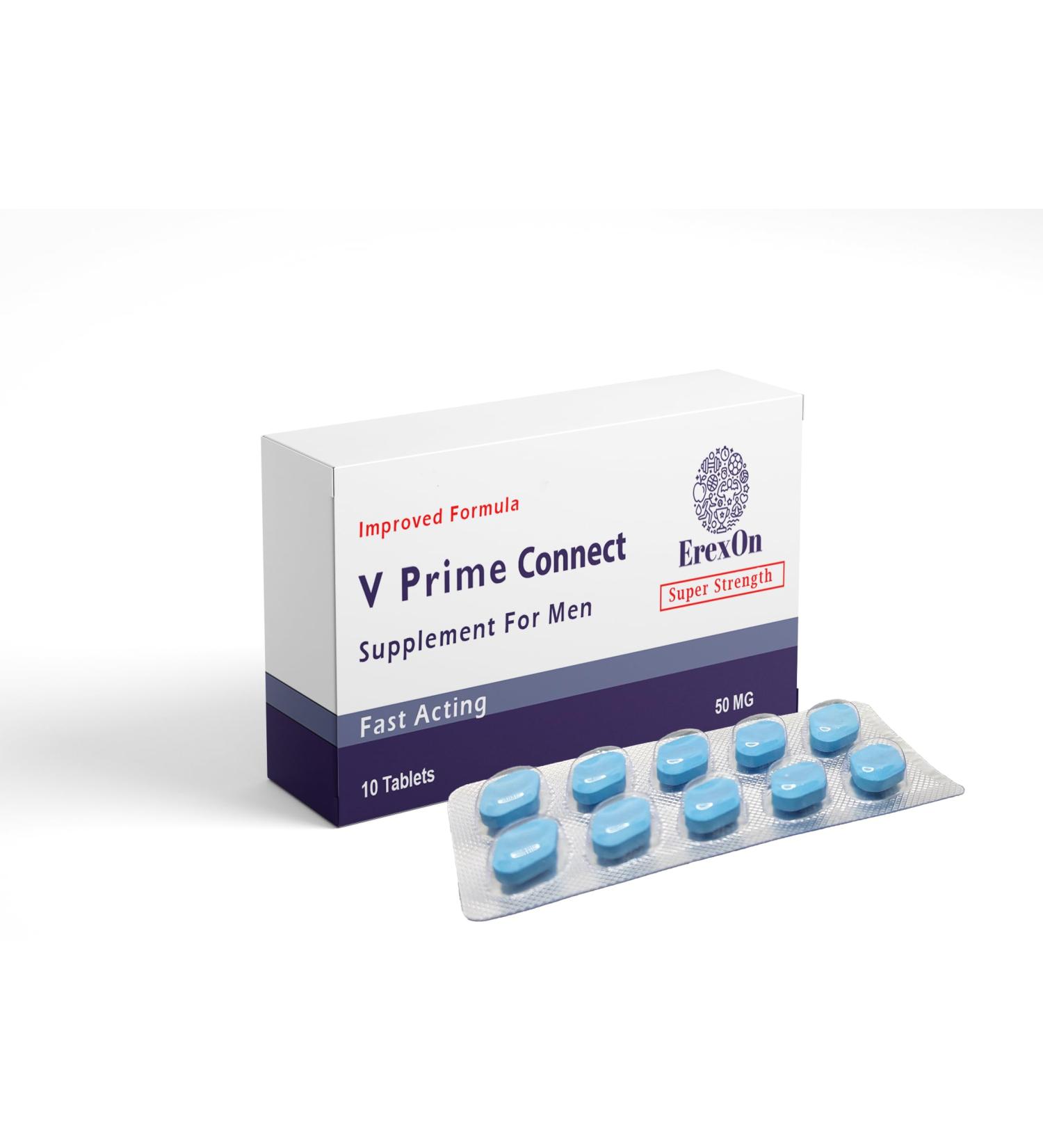 Erexon - V Prime Connect 10 Tablets - 50mg Herbal Supplement for Men - Strong Effect - Performance & Enhancement Tablets for Men - Cordyceps Sinensis Ashwagandha Korean Ginseng Maca Root Zinc - Buy Online on GoSupps.com