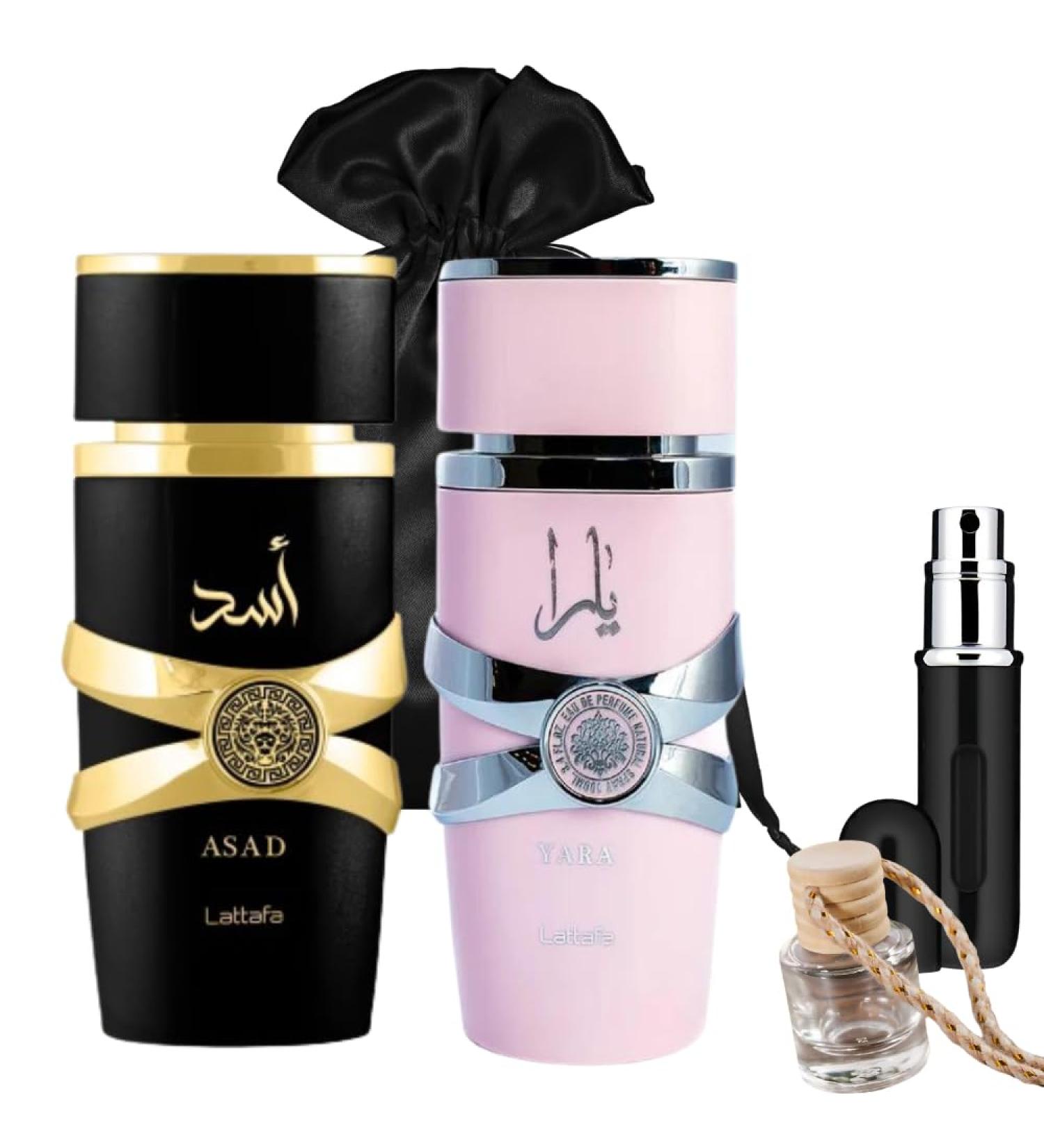 Bundle of Lattafa Yara and Lattafa Asad Eau de Parfum for Men and Women 3.4oz with 5ml Portable Refillable Atomizer and Refillable Car Freshener in a Satin Gift Bag - Buy Online on GoSupps.com