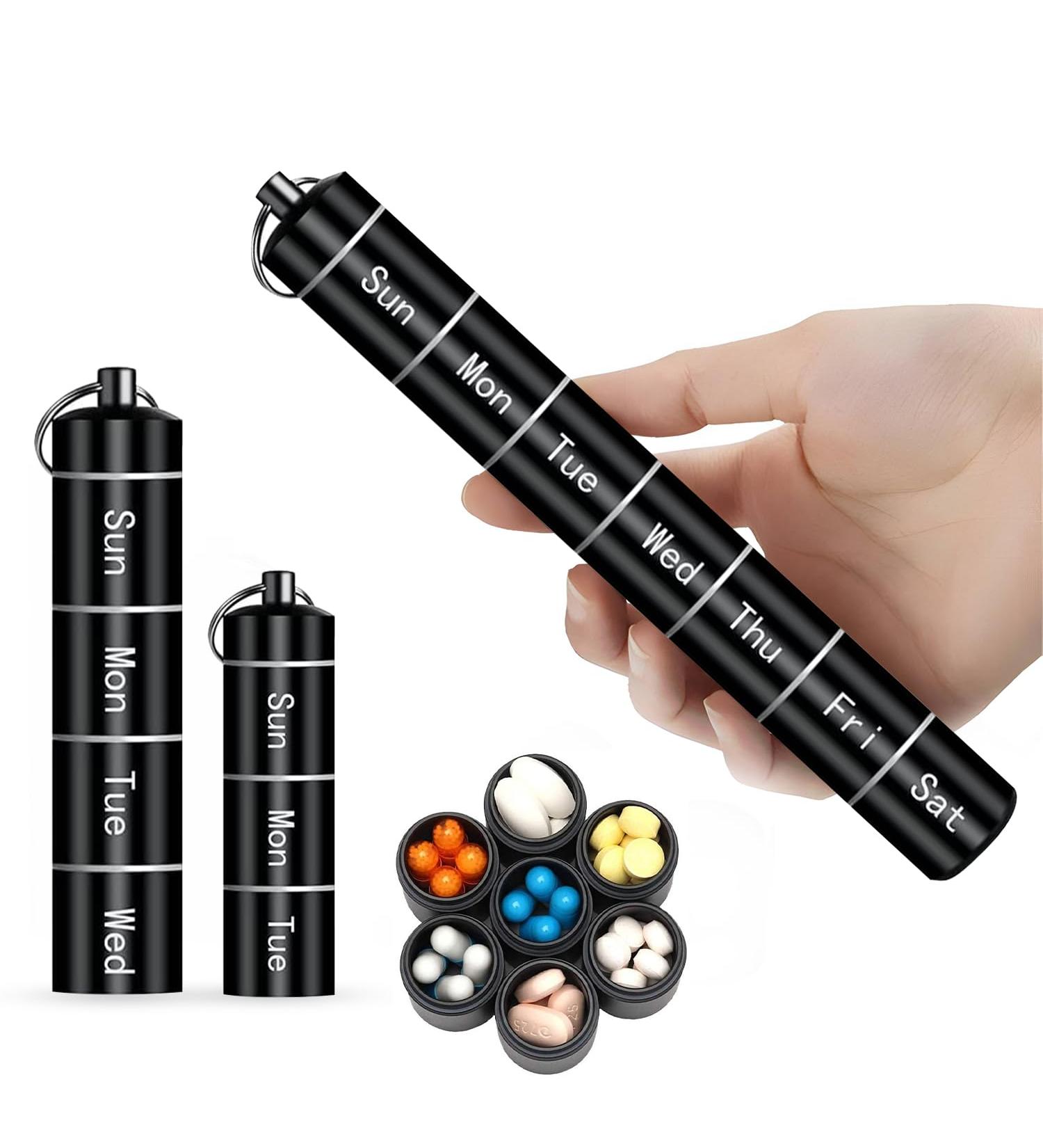 Weekly Pill Organizer - Aluminum 7 Day Travel & Daily Medication Organizer for Fish Oil Vitamins & Supplements (Black - Buy Online on GoSupps.com