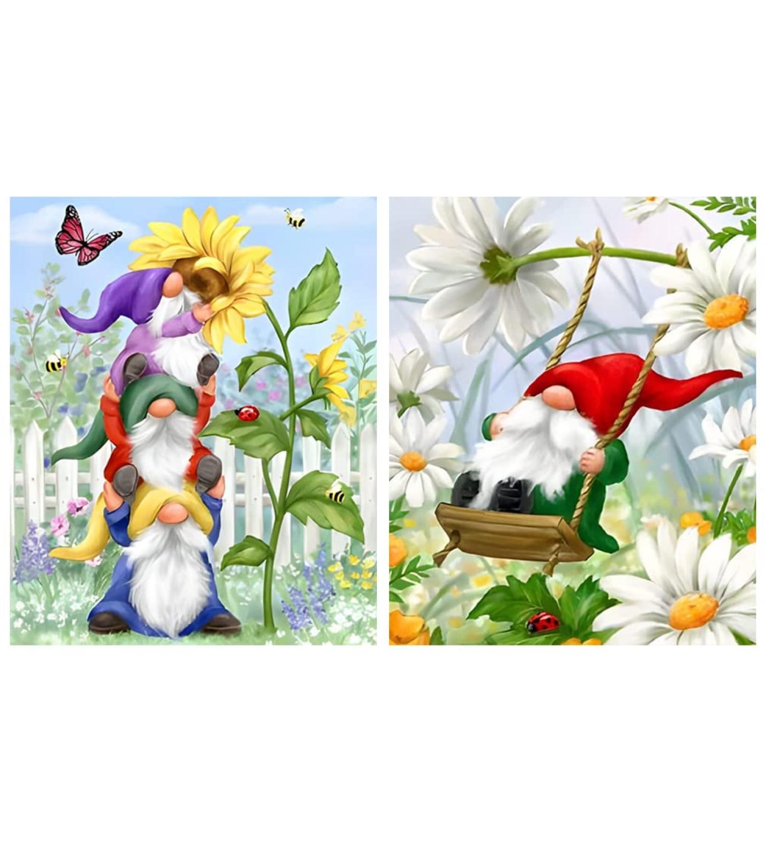 2Pack Full Drill Gnomes Kissing Flowers Diamond Painting Kits for Adults - DIY 5D Garden Diamond Art with Sunflowers & Butterfly - 12X16Inch - Buy Online on GoSupps.com