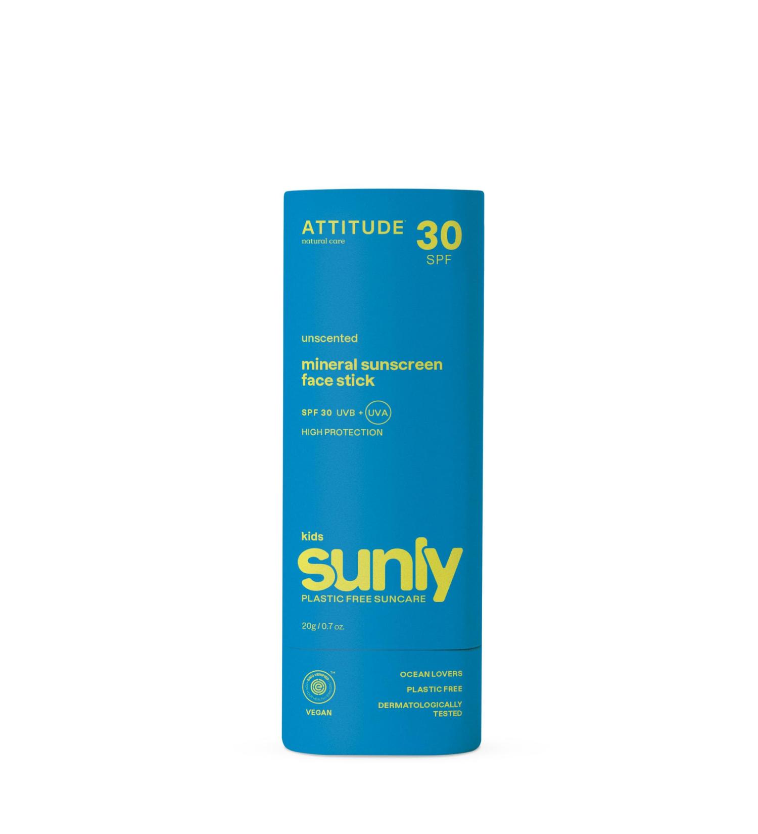  ATTITUDE ATTITUDE Mineral Face Sunscreen Stick for Kids SPF 30 EWG Verified Plastic-Free Broad Spectrum UVA/UVB Protection with Zinc Oxide Dermatologically Tested Vegan Unscented 20 g - Buy Online on GoSupps.com