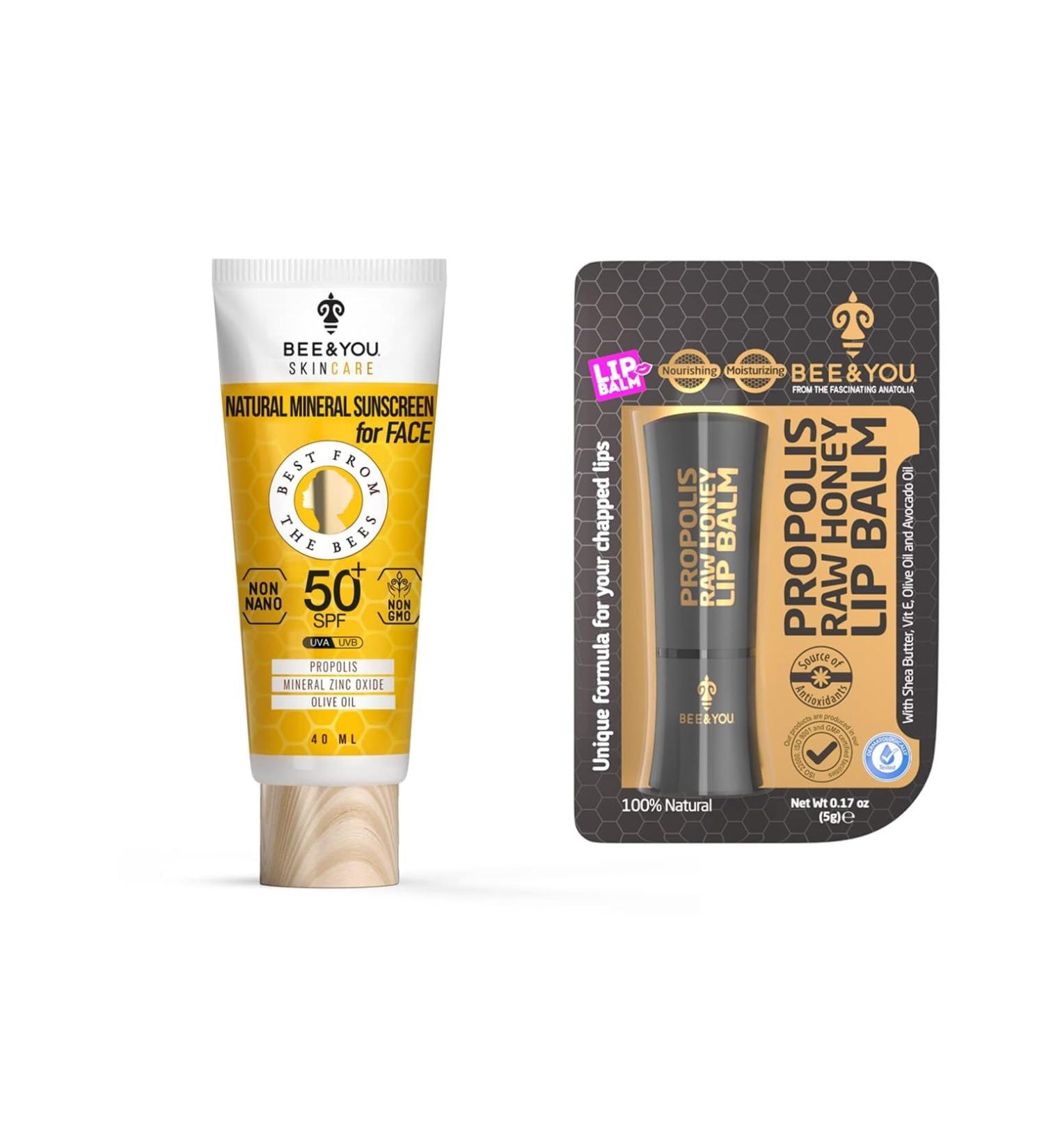 BEE and YOU SPF 50 Clear Sunscreen and Beeswax Lip Balm 100% Natural Propolis Extract Mineral Based Zinc Oxide Chapped Lips Treatment Severe Shea Butter Bundle: Sunscreen and Lip Balm - Buy Online on GoSupps.com