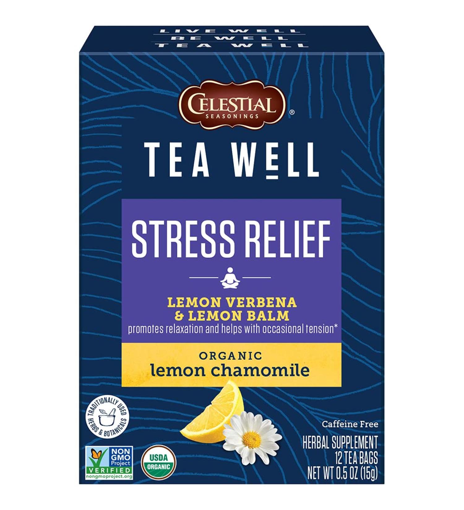 Celestial Seasonings Stress Relief Tea - Organic Lemon Verbena & Chamomile, Caffeine Free, 12 Bags - Buy Online on GoSupps.com