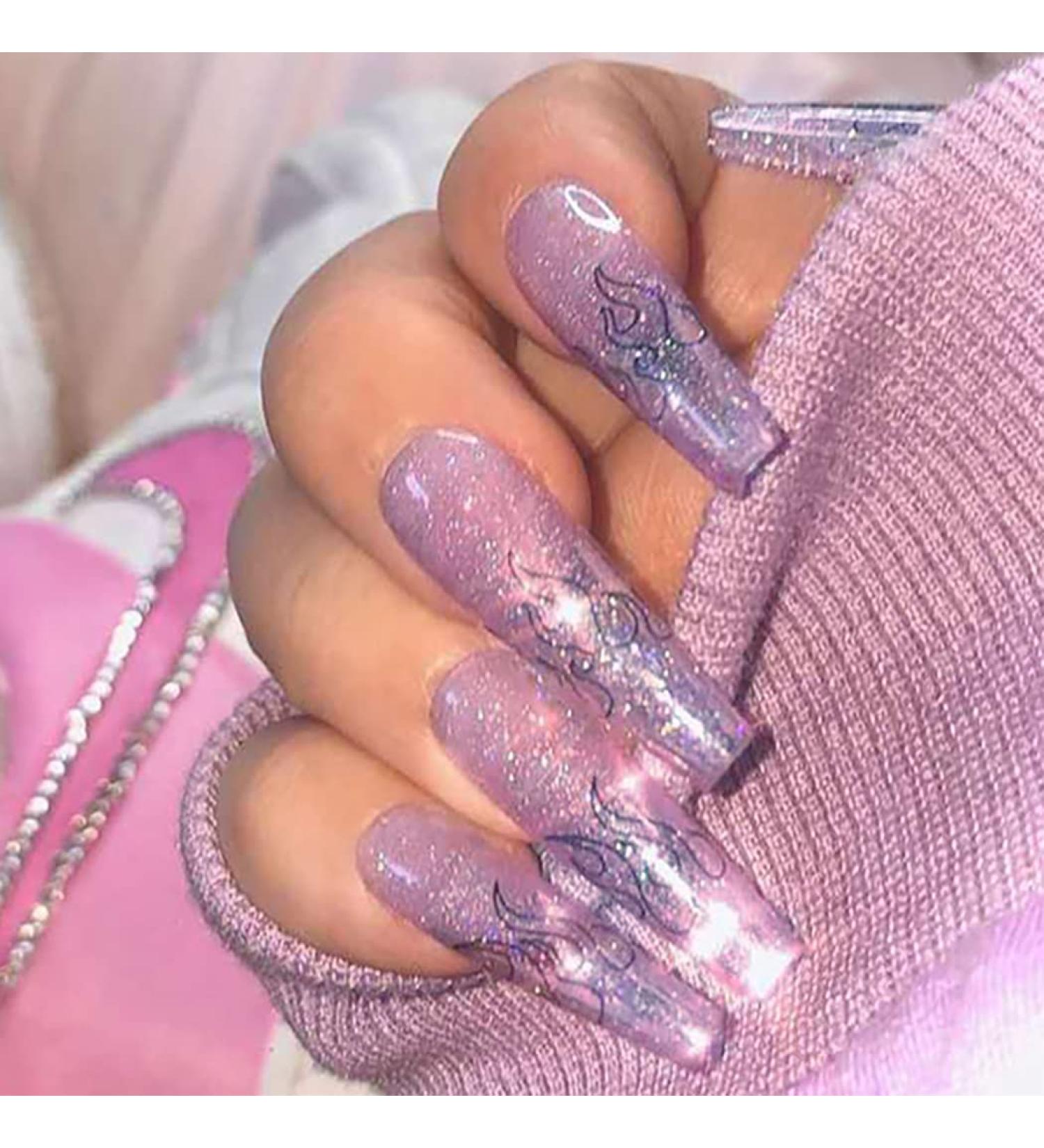 Brishow Coffin Artificial Nails - Long Flame Glitter Press-On Ballerina Acrylics - 24 Pieces for Women & Girls | International Shipping Available - Buy Online on GoSupps.com