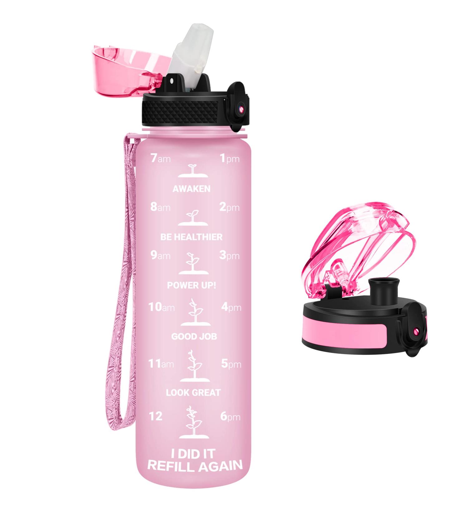 GOPLUS Kids Water Bottle with Straw Lid, 10pcs Stickers, 17 oz - Leak-proof BPA Free Tritan Plastic, Motivational Time Marker, for Girls Boys Toddler School Sports, Pink - 2 Lids - Buy Online on GoSupps.com