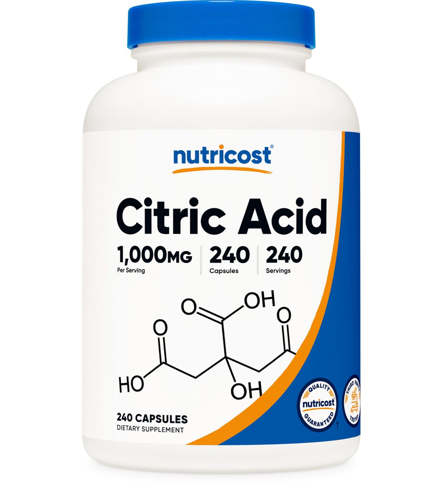 Nutricost Citric Acid 1000mg (1 Gram) 240 Capsules - Gluten-Free & Non-GMO - Buy Online on GoSupps.com