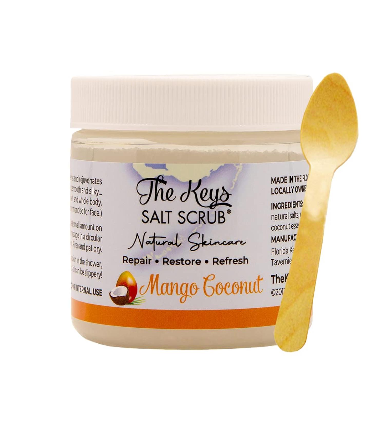 Keys Salt Scrub Premium Exfoliating Sea Salt Body Skin Scrub - Mango Coconut Travel Size 3.4 oz | Made with Pure Florida Sea Salt, Organic Oils, and Nutrients + Wooden Spoon | Pack of 1 - Buy Online on GoSupps.com