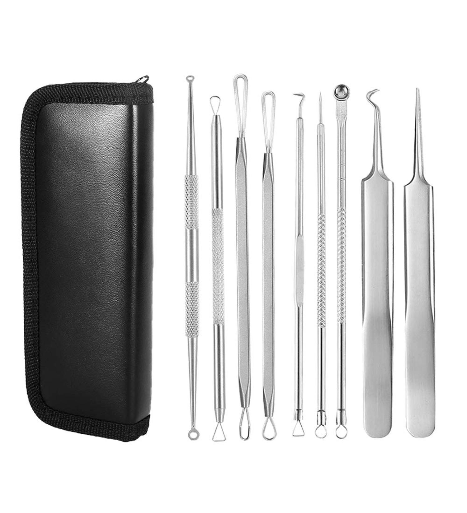 9 in 1 Pimple Blackhead Remover Extractor Tool Kit Professional Blackhead Remover Comedone Pimple Extractor Tool with a Leather Bag - Buy Online on GoSupps.com