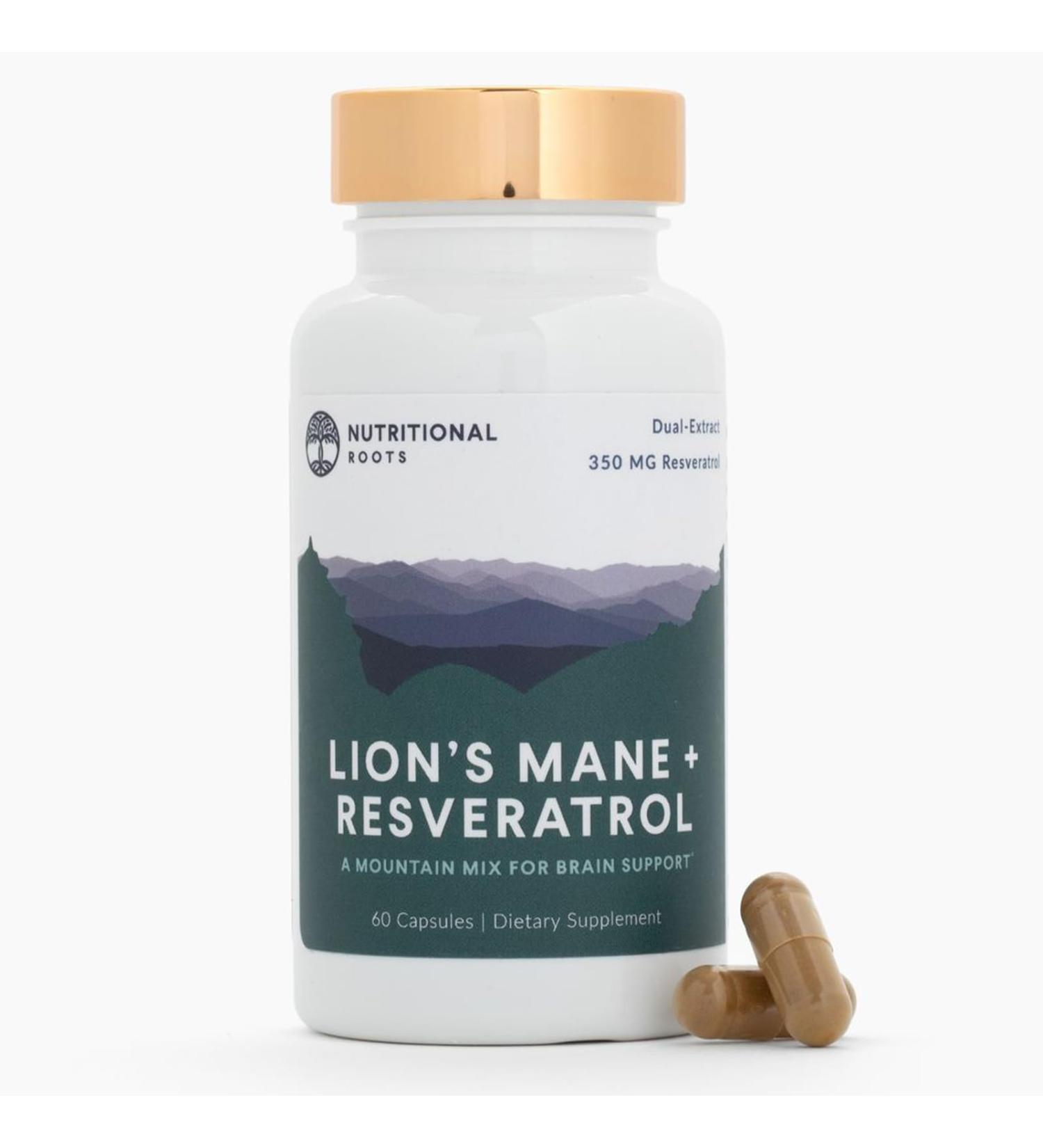 Nutritional Roots - Lion s Mane + Resveratrol - With 800mg Lion s Mane Extract & 350mg Trans-Resveratrol Per Serving - Supports Brain & Heart Health - Dietary Supplement - 1 Month Supply - 60 Capsules - Buy Online on GoSupps.com