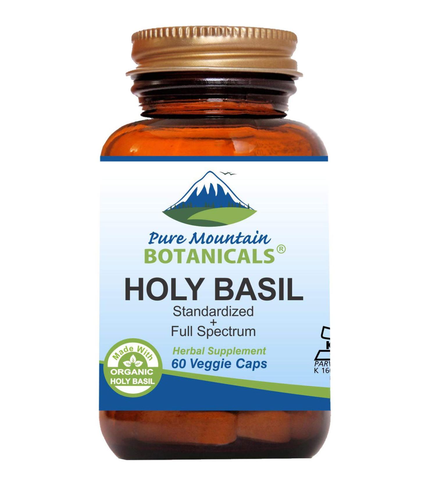 Pure Mountain Botanicals Holy Basil Capsules - Kosher Vegan Caps with 450mg Organic Holy Basil Tulsi & Holy Basil Extract from India - Buy Online on GoSupps.com