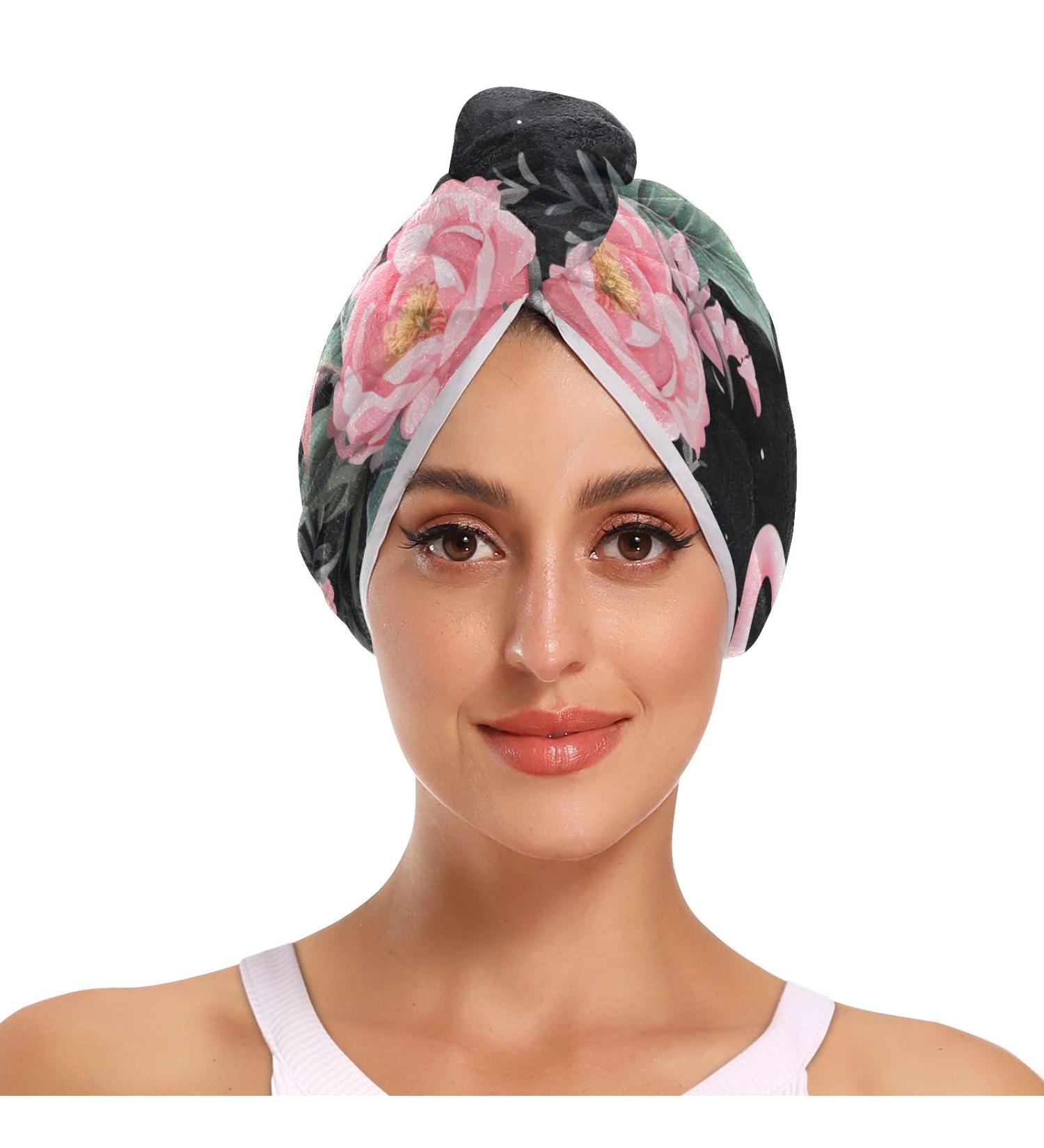 Flamingo Floral Black Hair Towel 2 Pack | Super Absorbent Quick Dry Hair Turbans for Women & Girls - Buy Online on GoSupps.com