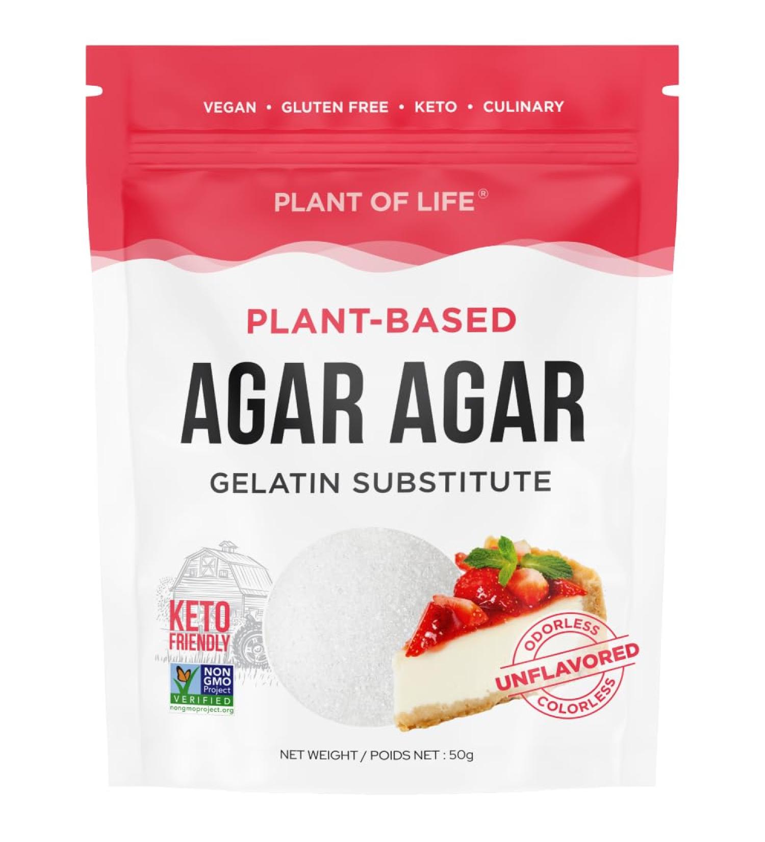Agar Agar (50g) by Plant of Life | Vegan Gelatin Substitute Gluten-free Non-GMO 100% Sugar-Free Keto Halal Perfect for Desserts & Food from 100% Natural Red Algae. - Buy Online on GoSupps.com