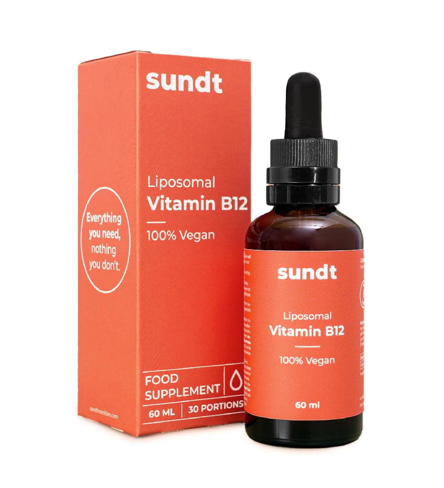 Liquid liposomal vitamin B12 for optimal physical and mental well-being 60 ml bottle 30 days Vegan and non-GMO Made in the EU Sundt Nutrition Food Supplement - Buy Online on GoSupps.com