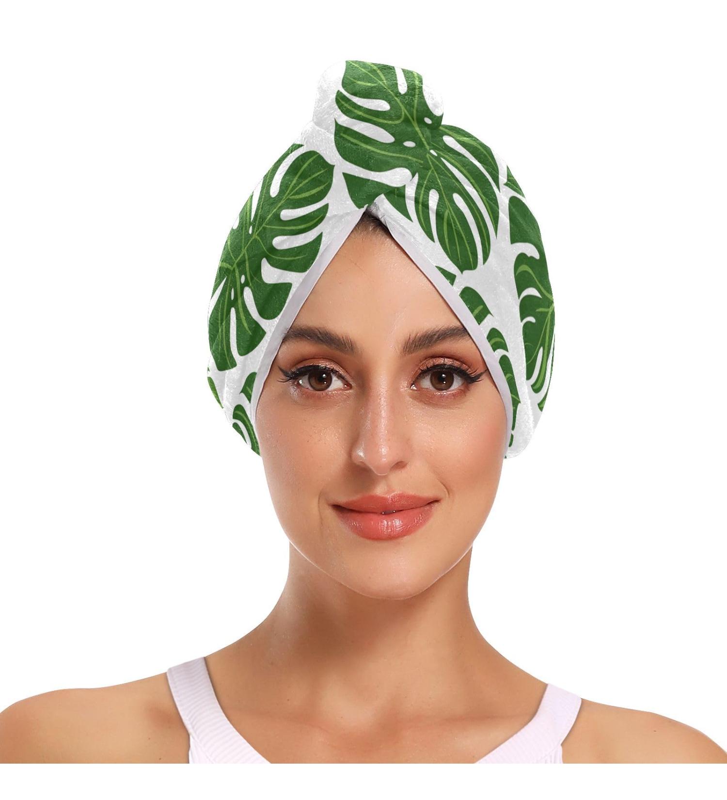 Green Monstera Leaf Hair Towel 2 Pack - Super Absorbent Quick Dry Hair Turbans for Women & Girls - Buy Online on GoSupps.com