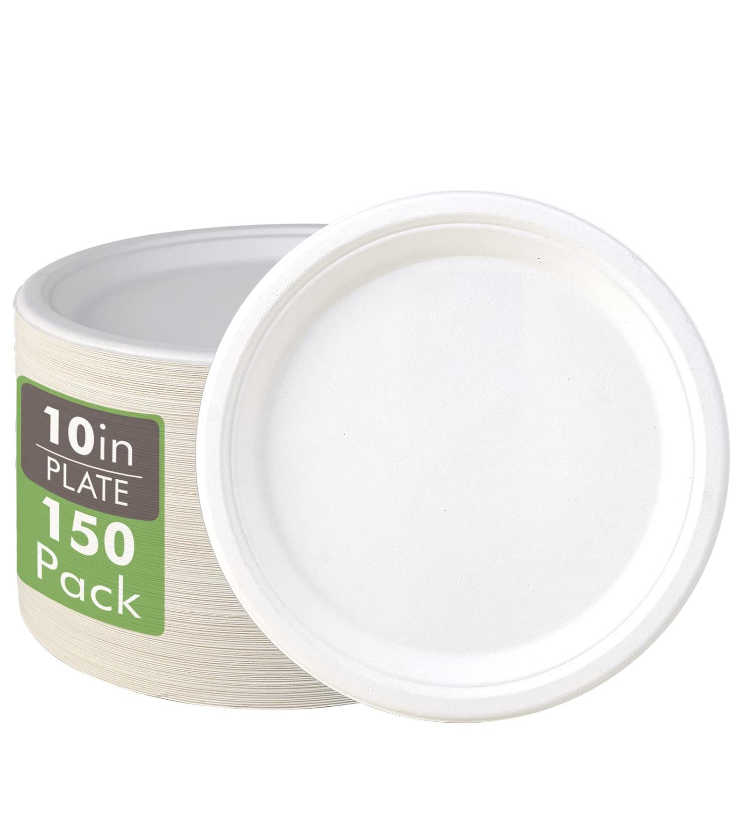 Vplus 150 Pack Compostable 10 inch Paper Plates - Biodegradable Eco-Friendly Sugarcane Plates - Super Strong & Natural - White - Buy Online on GoSupps.com