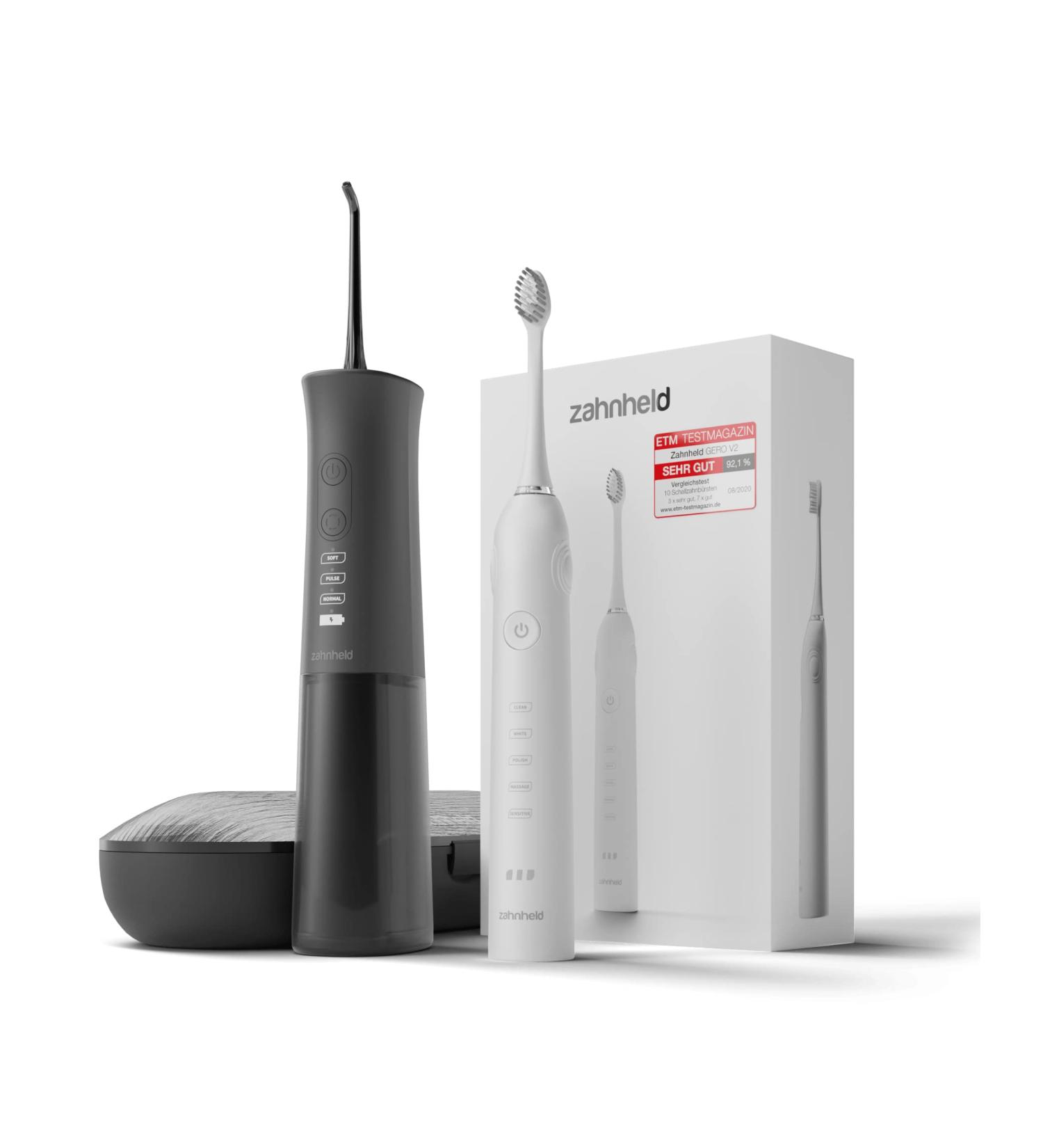Zahnheld Super Set: Electric Sound Toothbrush Gero & Aquadent Oral Shower | Brush Head & Travel Case Included | Effective Black & White Tooth & Interdental Cleaning - Buy Online on GoSupps.com
