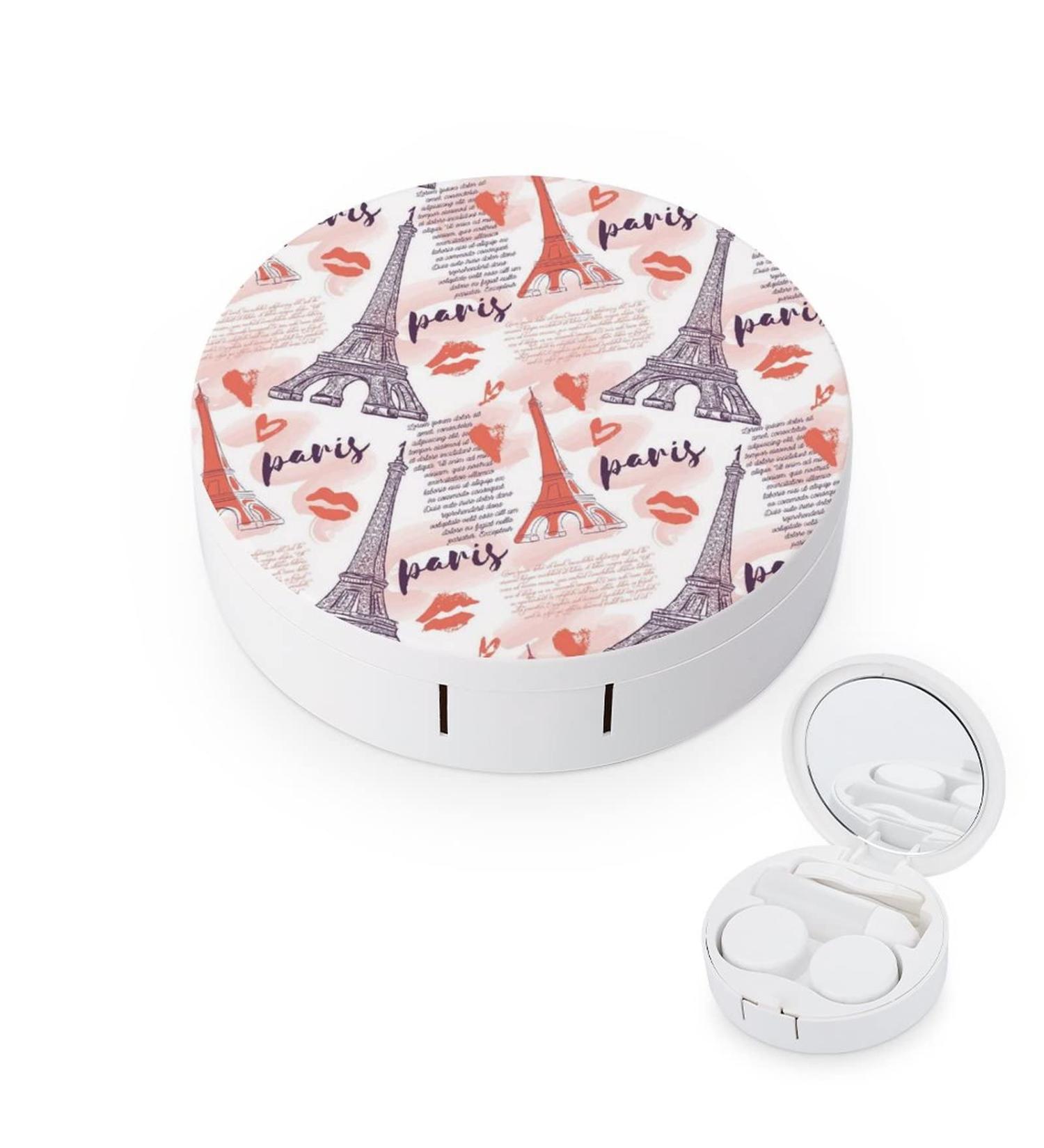 Paris Eiffel Tower Kisses Hearts Round Case For Contact Lens Kit Storage Box with Mirror Printed - Buy Online on GoSupps.com