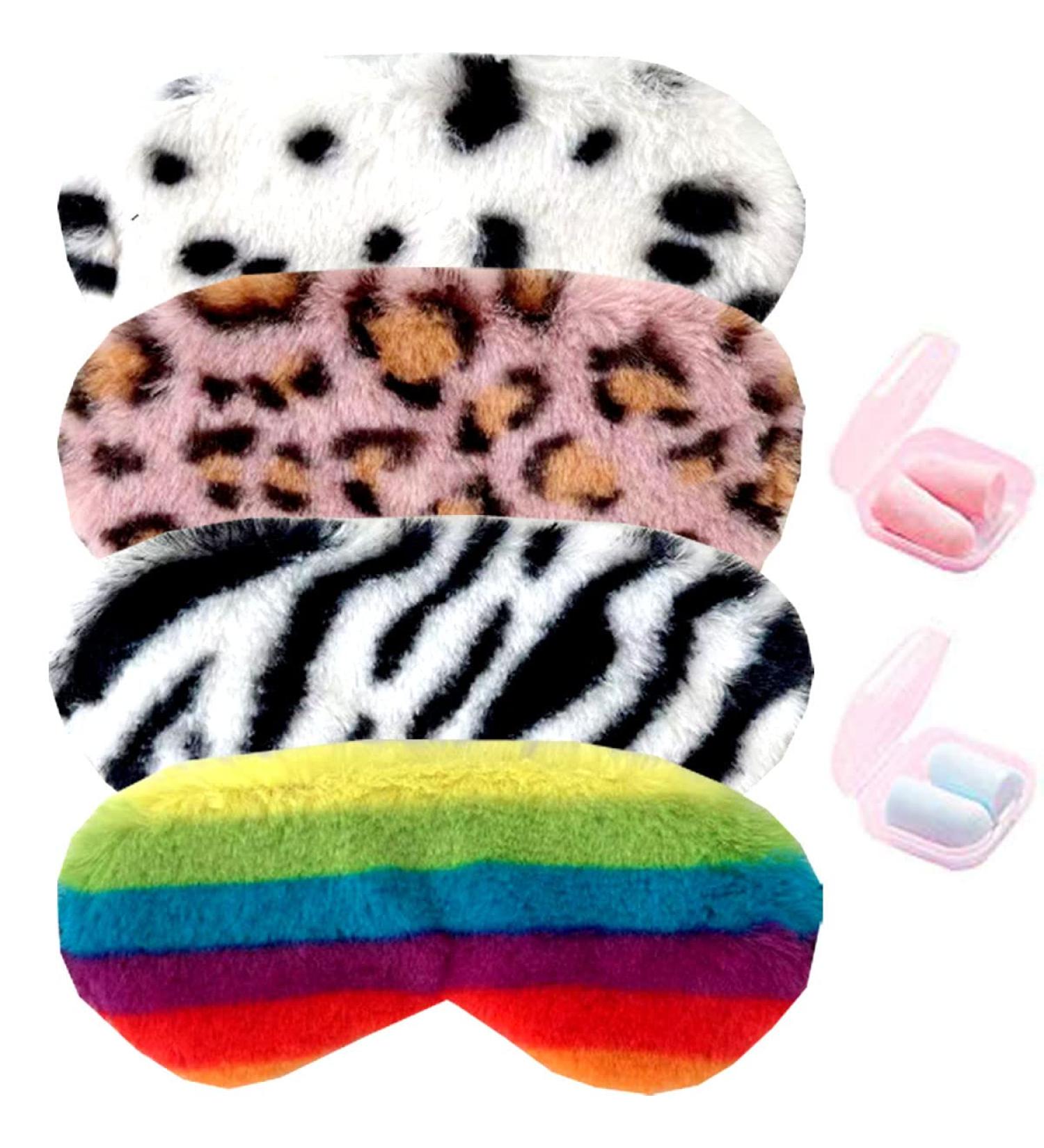 HappyDaily Pack of 4 Elegant and Comfortable Sleep Masks with Boxed Soft Foam Ear Plugs (Zebra/Leopard/Spot/Rainbow)