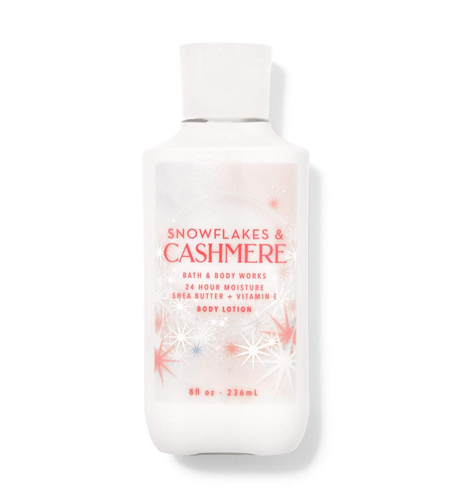 Bath and Body Works Body Care - Snowflakes & Cashmere - 24 Hour Moisture Body Lotion w/Shea Butter + Vitamin E - Full Size 8 fl oz