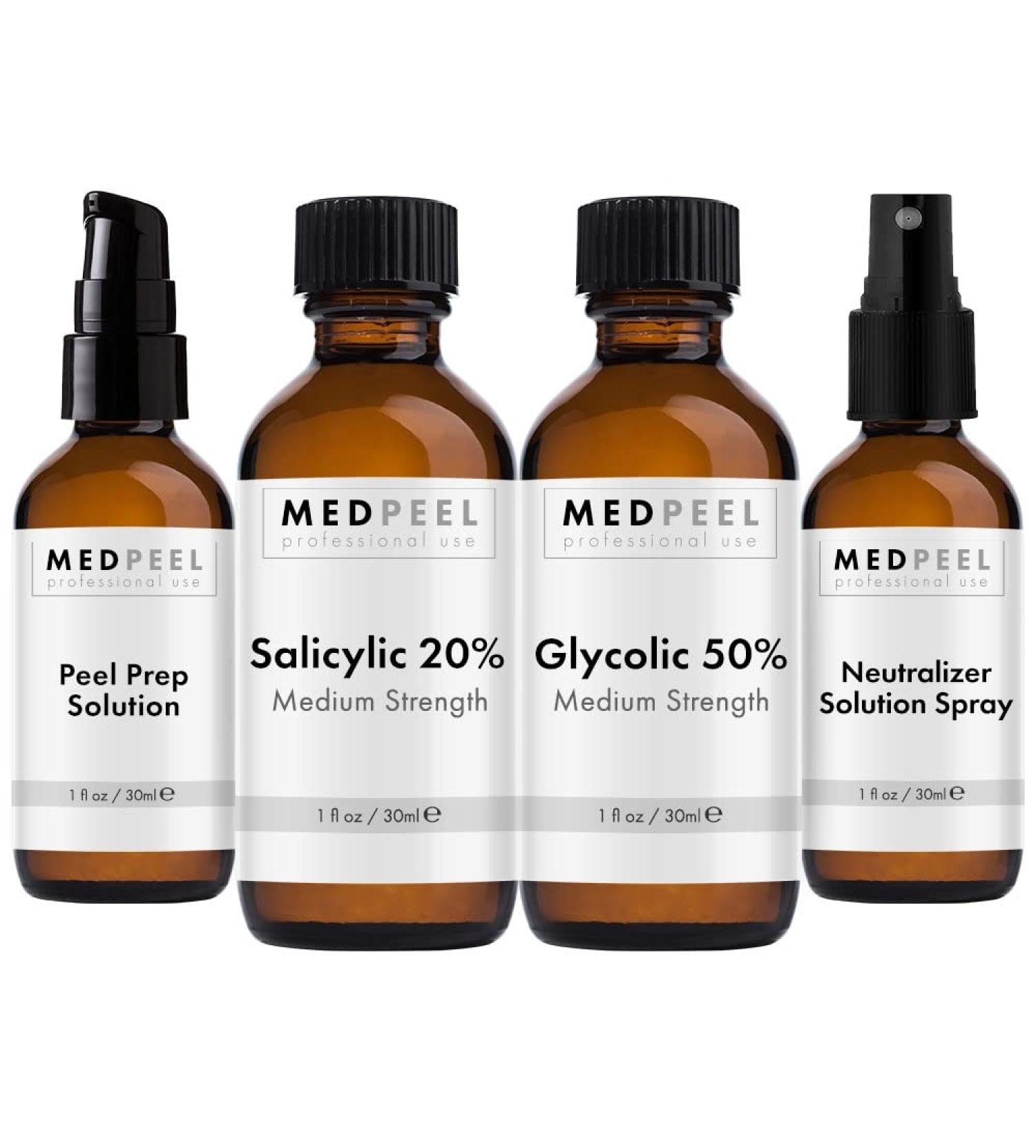 MedPeel Alpha & Beta Hydroxy Acid Peel Kit - 20% Salicylic & 50% Glycolic | Medium Strength Chemical Peels for Glowing Skin | 4 Peels Prep & Neutralizer Included - 1oz/30ml - Buy Online on GoSupps.com