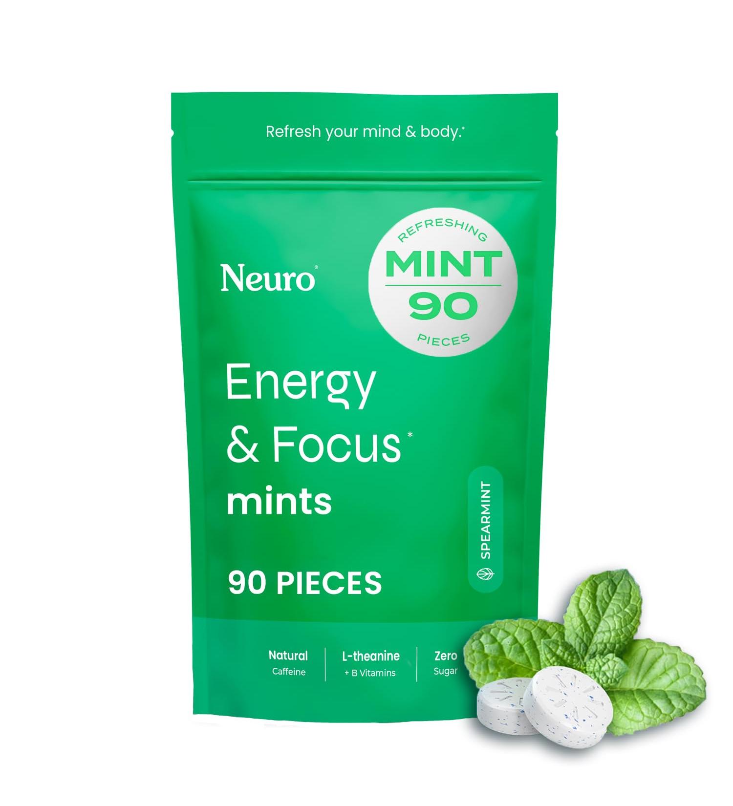 Neuro Energy & Focus Mints - Sugar Free Breath Mints with 40mg Natural Caffeine B Vitamins & L-Theanine - Vegan Brain Supplement for Exercise Study & Daily Focus - Spearmint 90 ct 90 Count (Pack of 1) Spearmint - Buy Online on GoSupps.com
