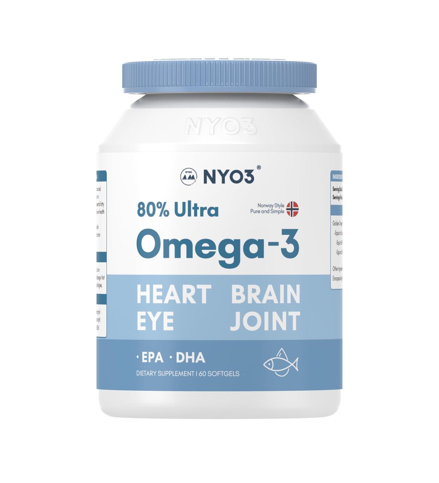 NYO3 Fish Oil Omega 3 Supplements for Heart Health and Memory - 60 Soft Gels with 1600mg Omega 3, 800mg EPA, 600mg DHA - Buy Online on GoSupps.com