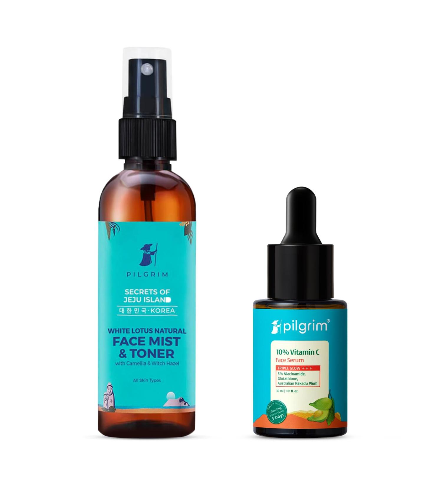 Pilgrim Vitamin C Radiance & Refreshing Combo: 10% Vitamin C Serum & Korean White Lotus Face Mist & Toner | Brightens Skin | Deep Hydration | Triple Glow+++ | Refreshes & Nourishes - Buy Online on GoSupps.com