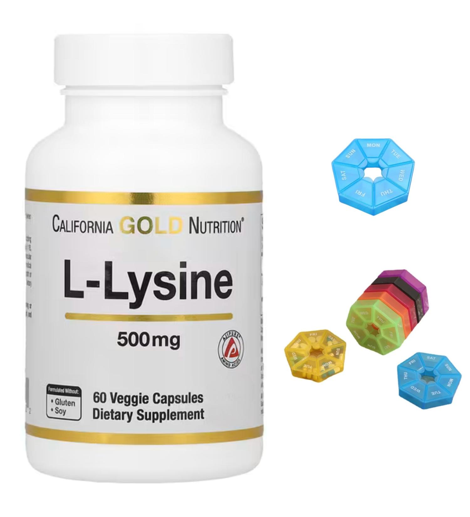 L-Lysine Compatible With California Gold Nutrition 500 mg 60 Veggie Capsules + Bonus Pill Organizer Weekly Pill Organizer Mini - Buy Online on GoSupps.com
