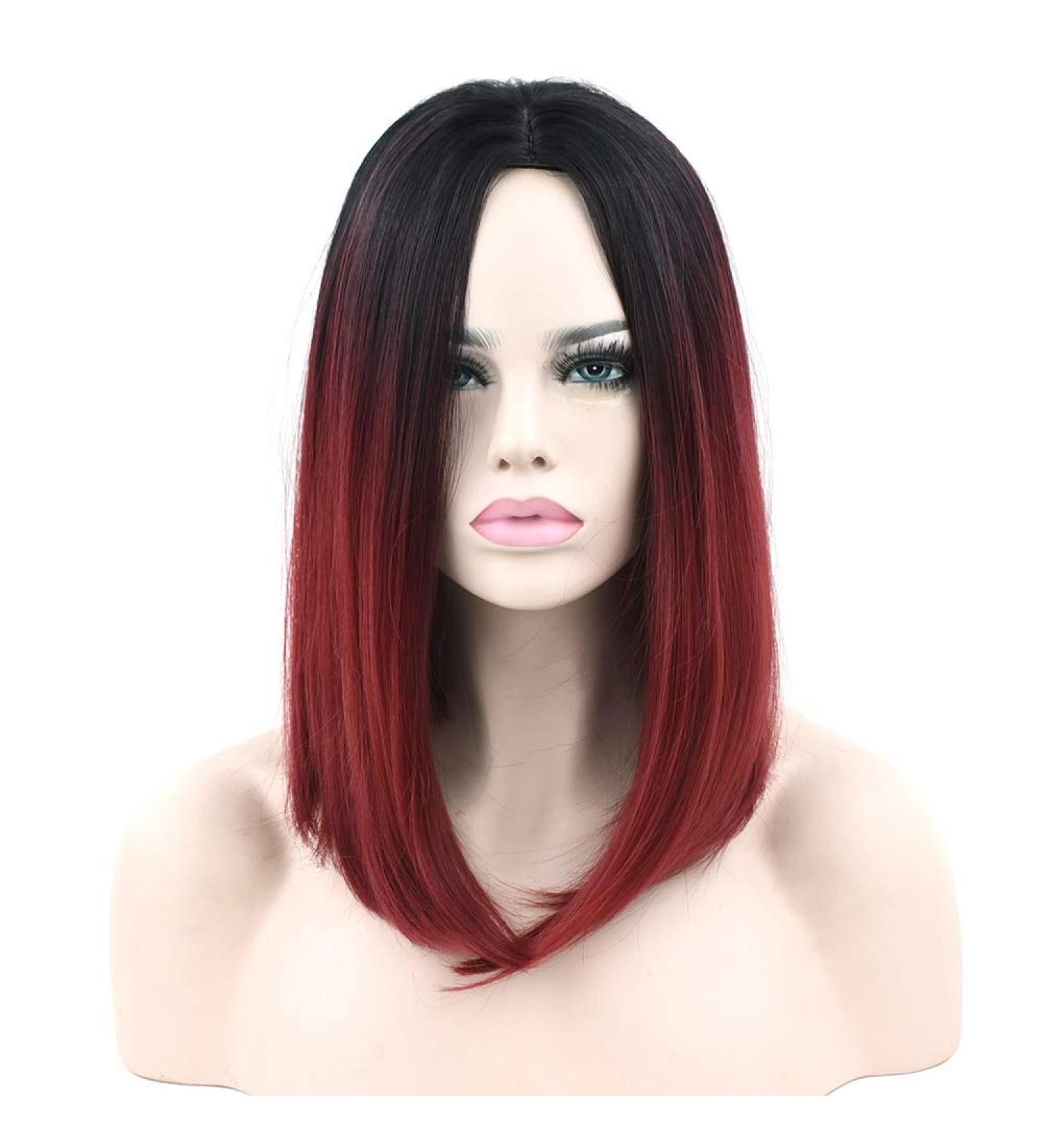 Lfmdjf 12 Colors Synthetic Hair Black to Gray Purple Hair Short Wigs for Women Straight Hair Headwear Wig 16inches T1b/Burgundy 4/27hl