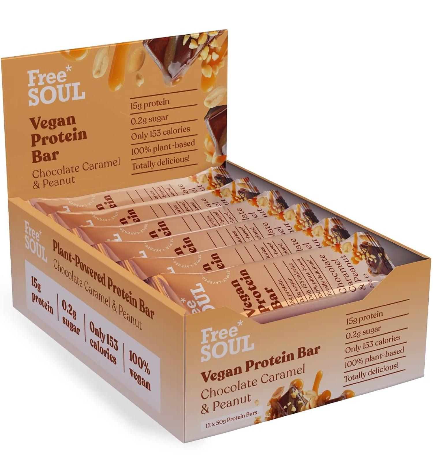 Free Soul Vegan Protein Bar | Plant Based Chocolate Caramel & Peanut | High Protein Dairy Free Low Sugar Low Carb | 12 Count - Buy Online on GoSupps.com