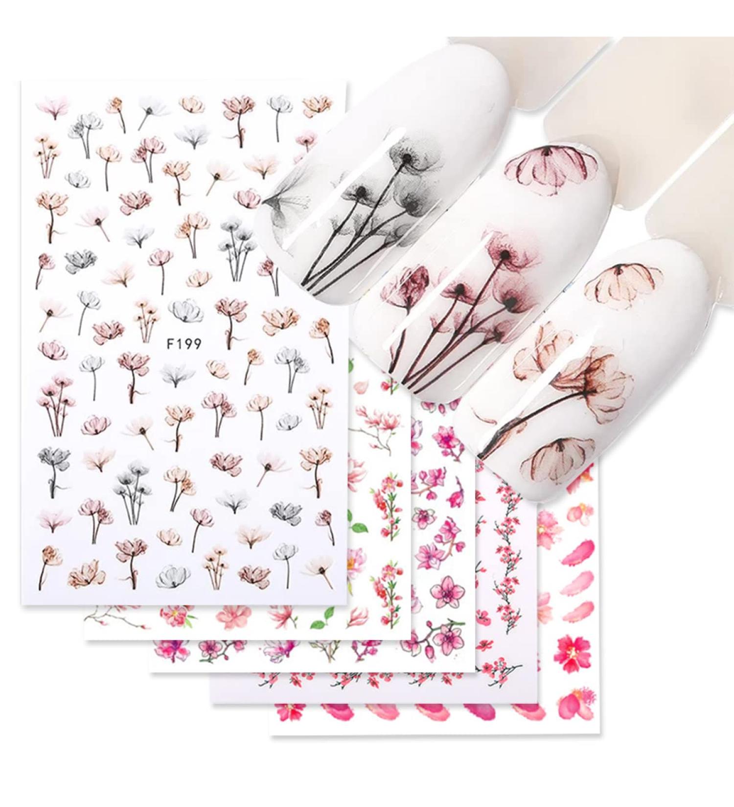 Doneace Flower Nail Art Stickers - Colorful Cherry Blossoms 3D Decals for Acrylic Nails - 8 Sheets Spring Floral Transfer Decals - Summer Nail Decorations - Buy Online on GoSupps.com