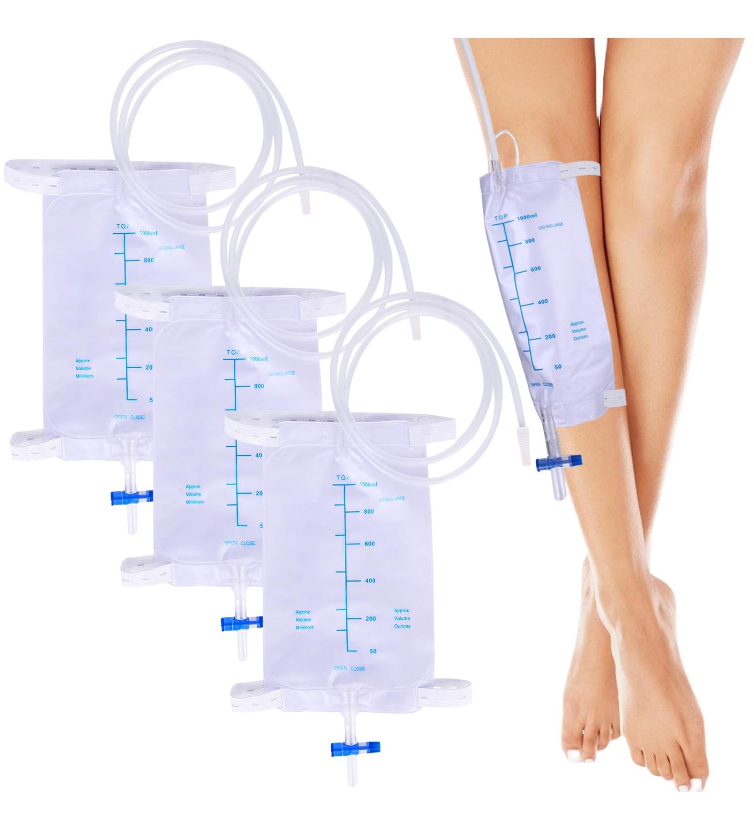 1000ml Urine Leg Bags - 3 Pieces Collecting & Drainage Bags with Straps Valves & T-Drain for Safe Catheter Use - Buy Online on GoSupps.com