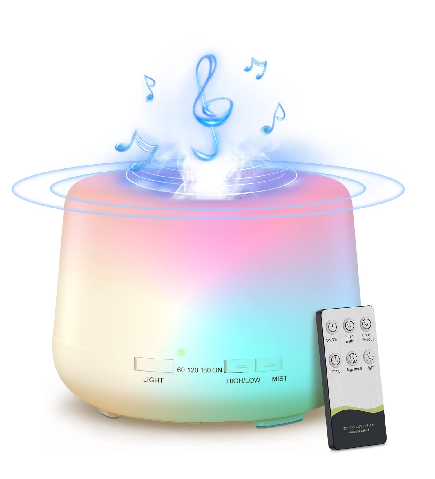 YOOZIN Essential Oil Diffuser Bluetooth Speaker 500ML - Ultrasonic Aromatherapy for Large Room | 14 Colors Night Light, Remote Control - Basic White - Buy Online on GoSupps.com
