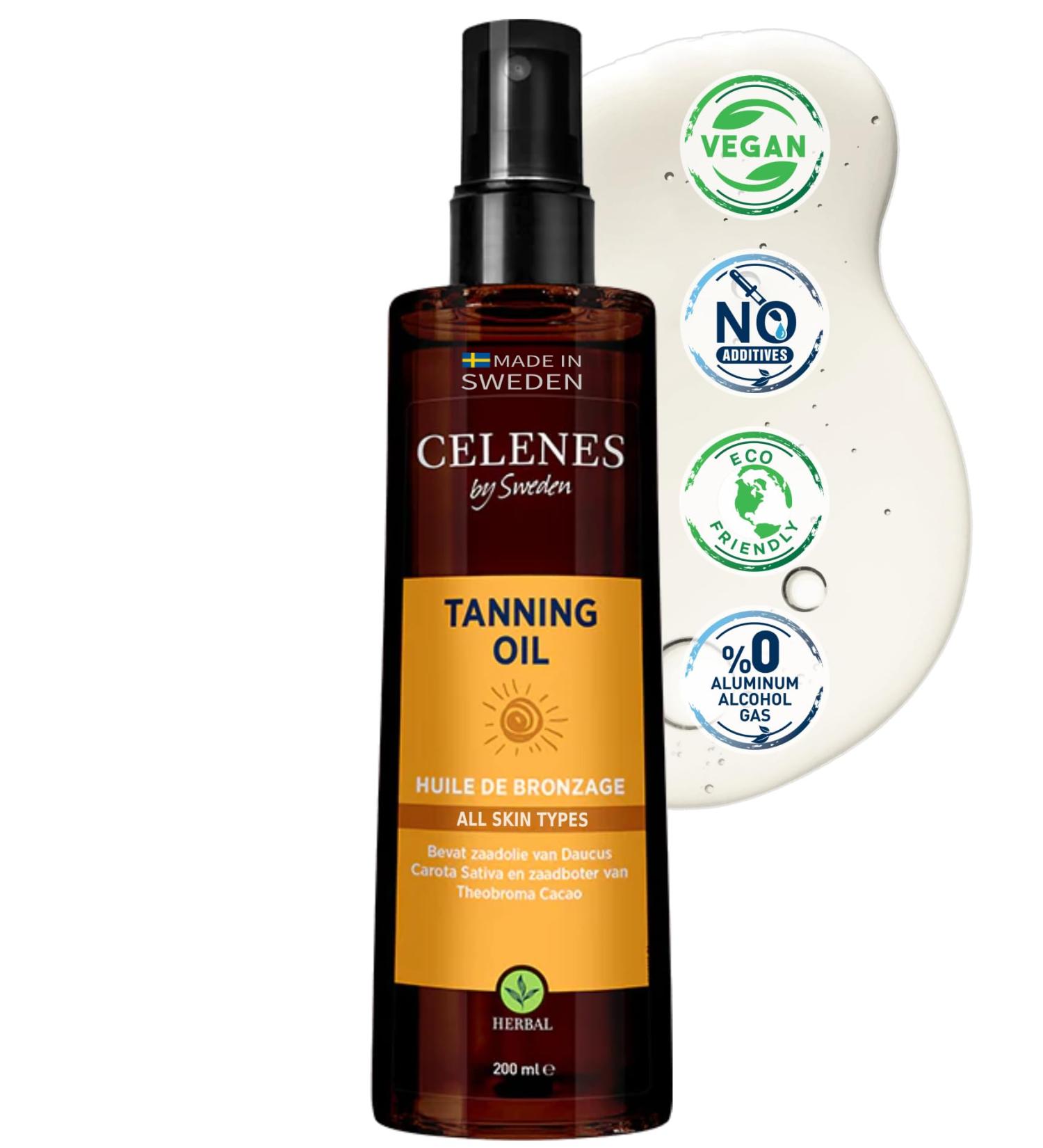CRX NORDIC AB Celenes by Sweden Herbal Tanning Oil Suitable for All Skin Types Natural Glow Moisturizing with Cocoa Carotene & Vitamin E 200 ml Free from Parabens and Alcohol - Buy Online on GoSupps.com