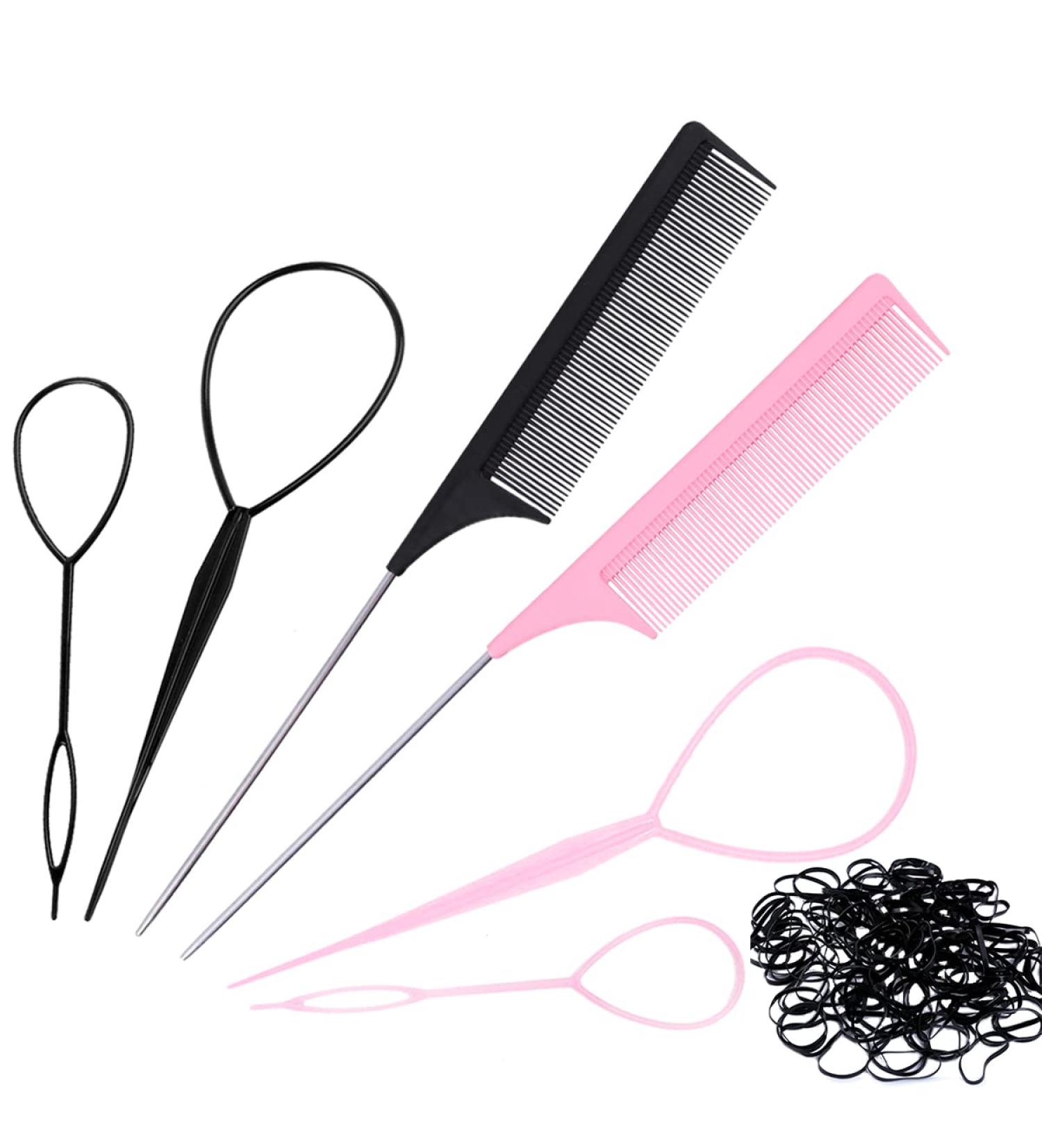 Professional Hair Styling Set: Topsy Tail Tools, French Braid Loop, Tail Braiding Combs with 50 Rubber Bands - 6 Pcs - Buy Online on GoSupps.com