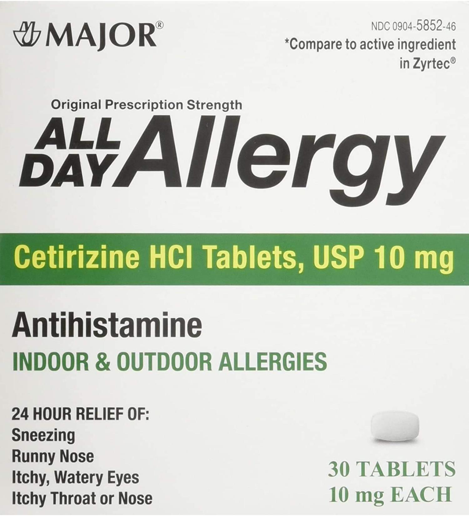 Major Cetirizine 10mg HCI Tabs All Day Allergies Antihistamine 30 Count