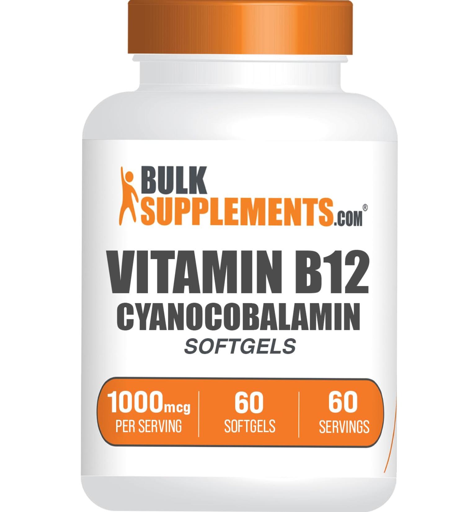 BulkSupplements.com Vitamin B12 Softgels - Vitamin B12 Supplement as Cyanocobalamin - Gluten Free 1 Softgel per Serving (1000mcg) 60 Count (Pack of 1) - Buy Online on GoSupps.com