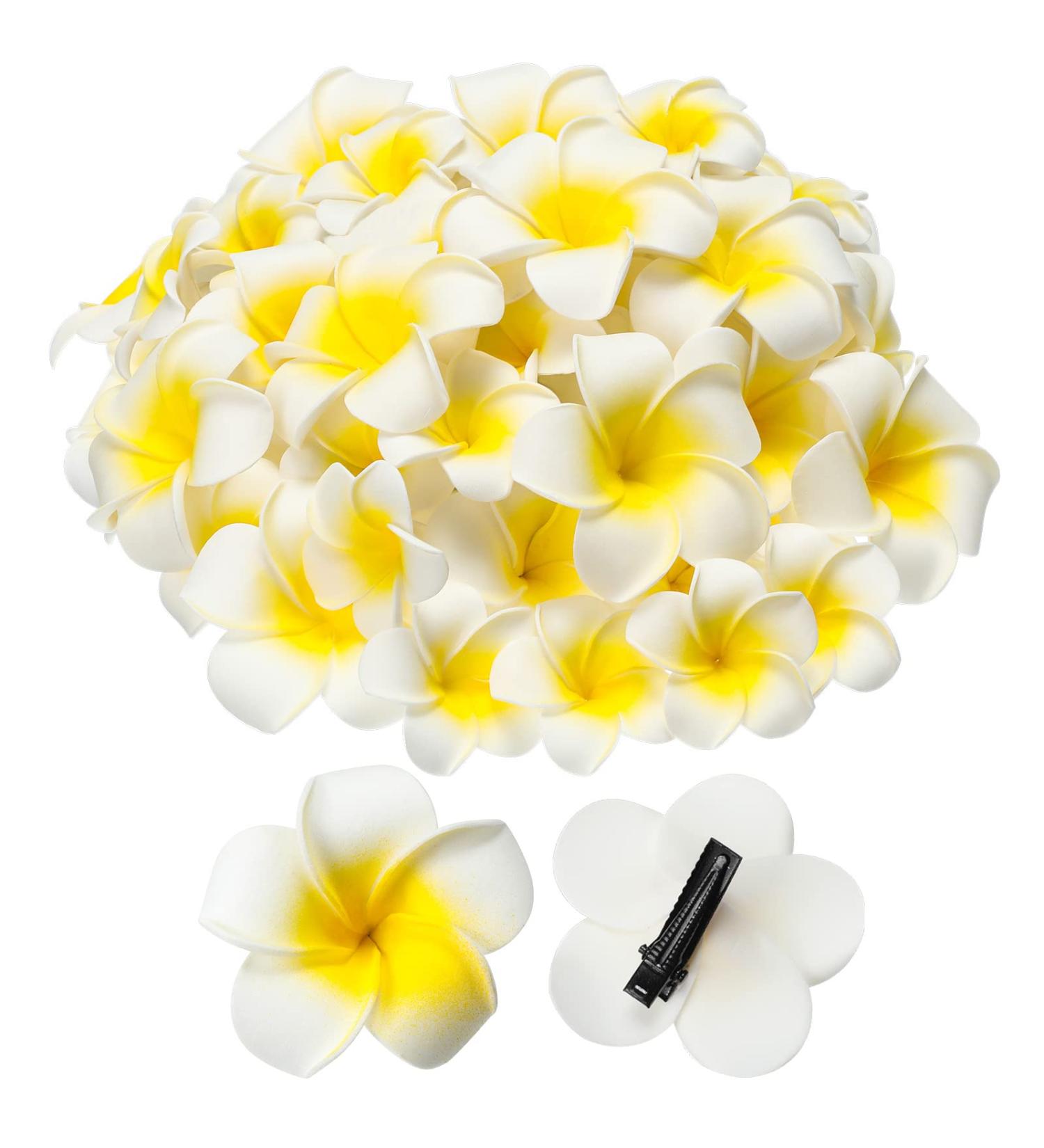 Crowye 100 Pieces Mixed Size Artificial Plumeria Flower Hair Clips - White Foam Hawaiian Frangipani for Women, Girls - Luau, Beach Party Wedding Accessories - Buy Online on GoSupps.com