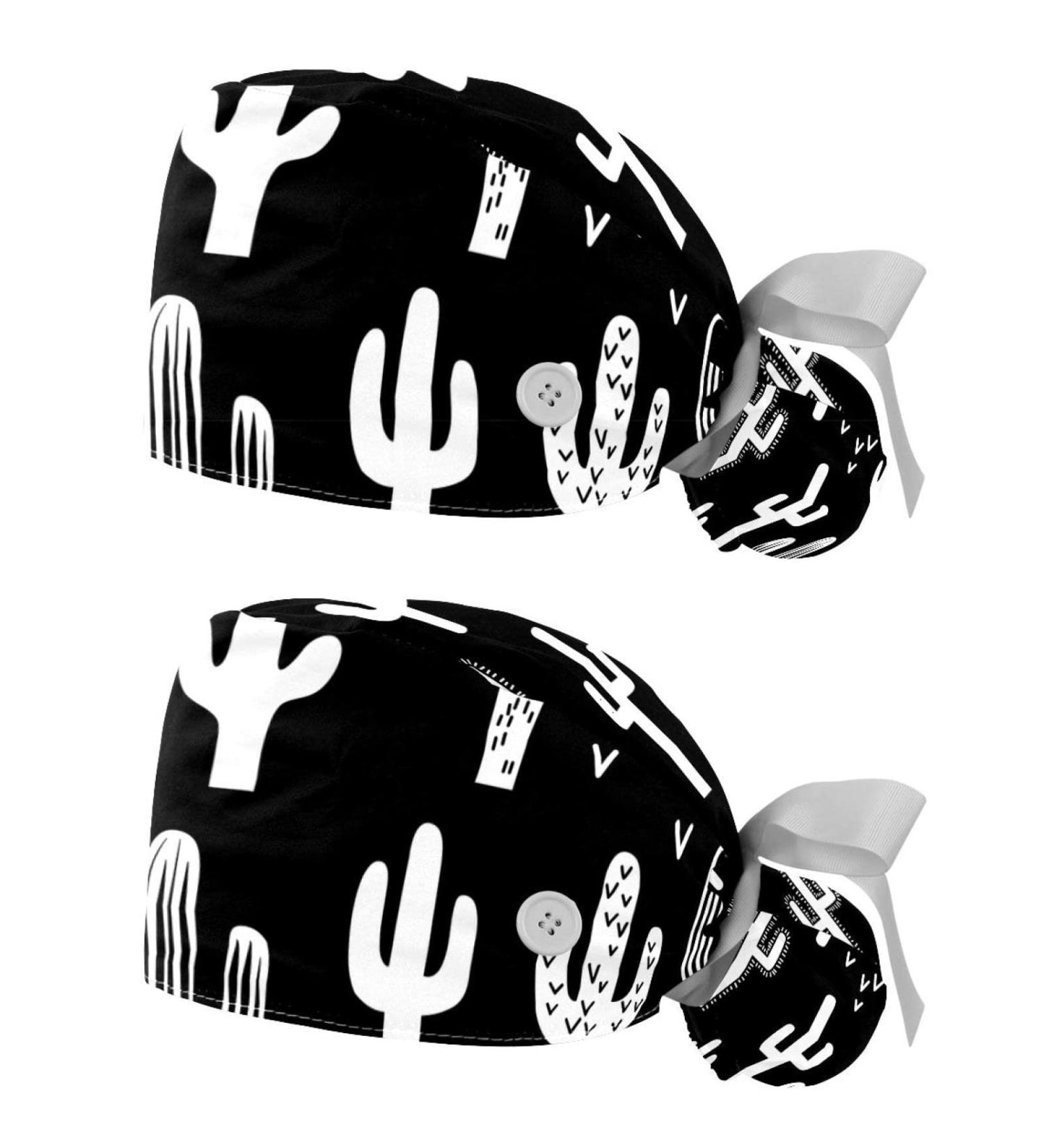 Black White & Pink Seahorse Scrub Caps Hats for Women - 2PCS Bouffant Working Hat with Ponytail Holder, Pattern 03 - Buy Online on GoSupps.com