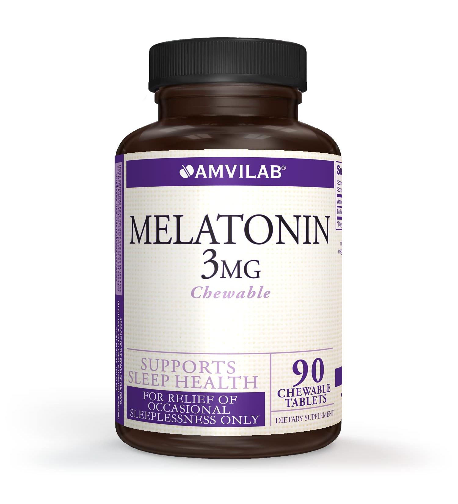 AMVILAB Melatonin 3mg Fast Dissolve Tablets Natural Sleep Support Maximum Strength Chewables Berry Flavor 90 Count Non-GMO Vegan Gluten-Free - Buy Online on GoSupps.com