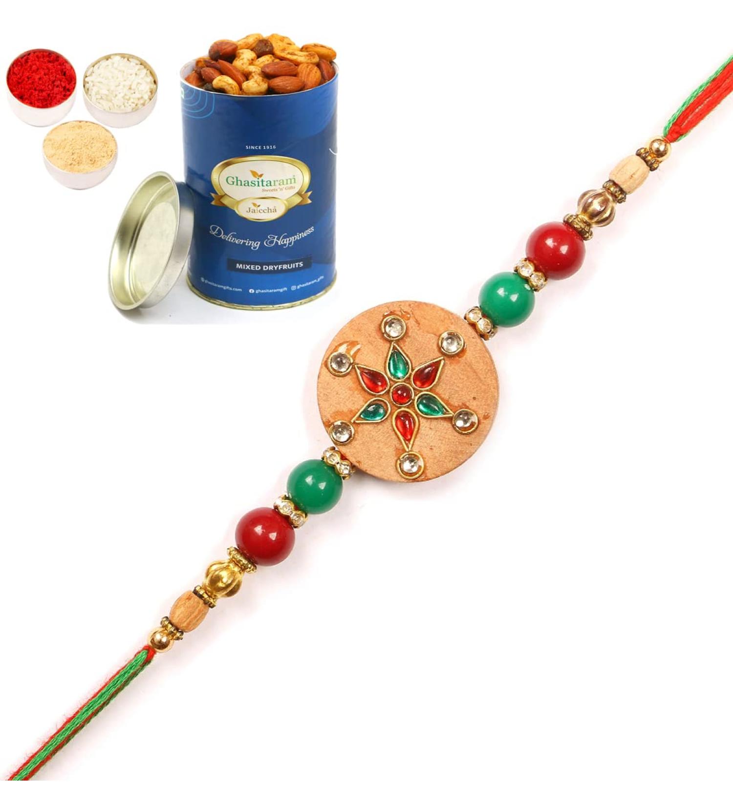 Ghasitaram Gifts Rakhi for Brother Rakhis Online - 2K-263 Premium Rakhi with 100 GMS of Dryfruits Mix Can - Buy Online on GoSupps.com