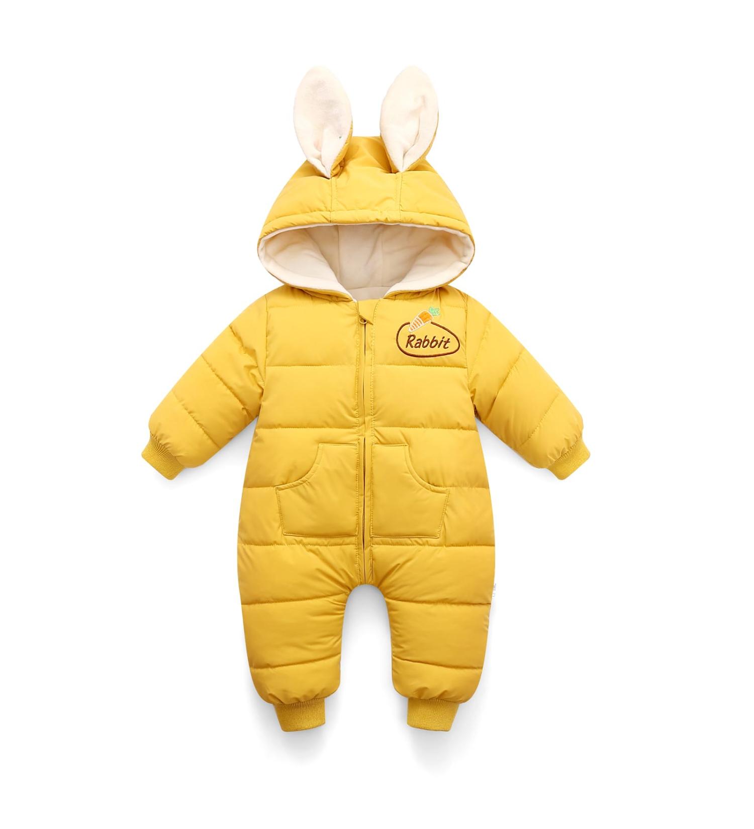 Minizone Baby Snowsuit | Cotton Hooded Winter Romper | Cartoon Rabbit Design | 0-6 Months | Yellow - Buy Online on GoSupps.com