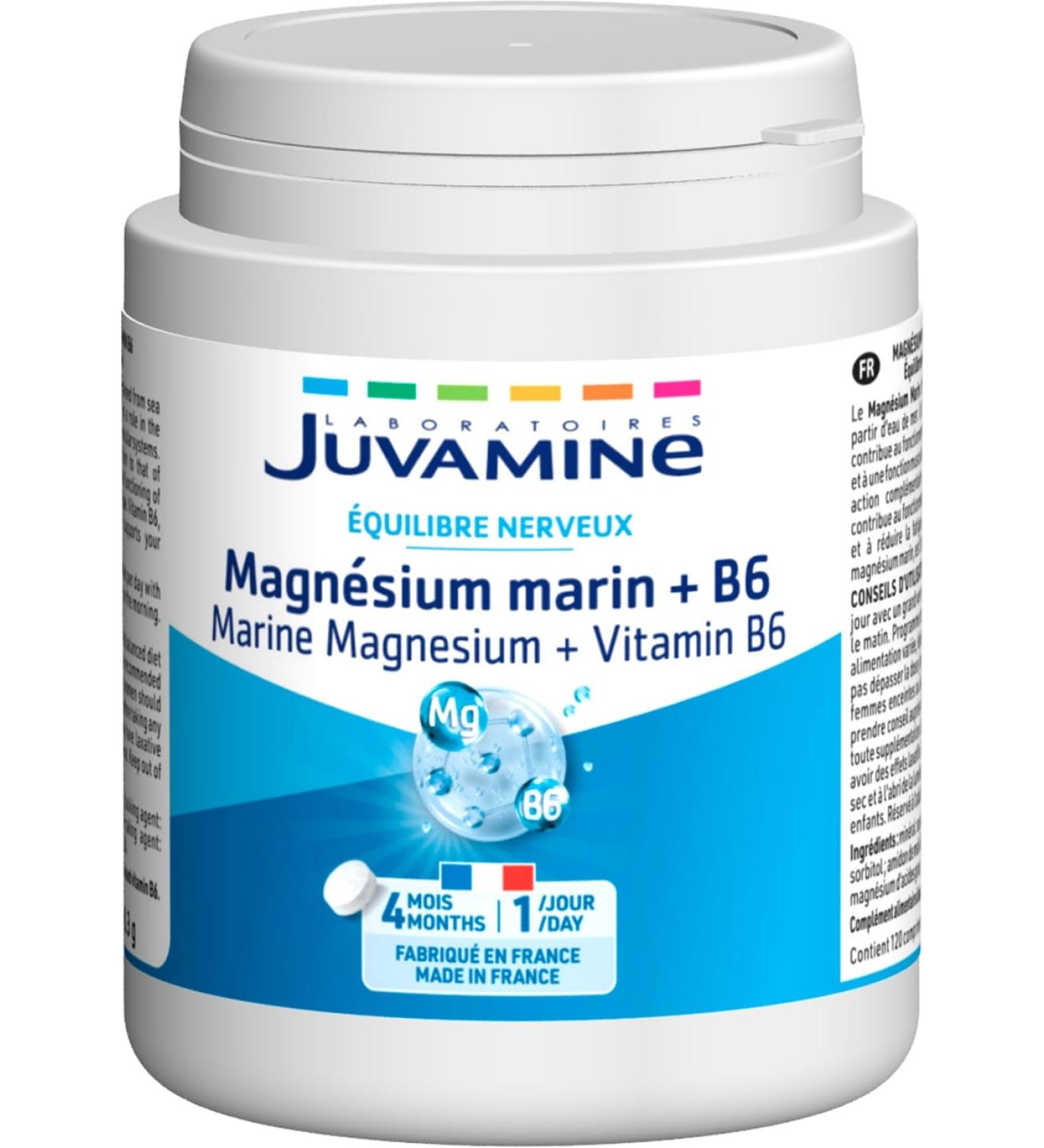 JUVAMINE - Marine Magnesium 300mg + Vitamin B6 - Fatigue - Stress - Nervous Balance - Well-being - Nervous System - 4 Month Format - 120 Tablets - Made in France - Buy Online on GoSupps.com