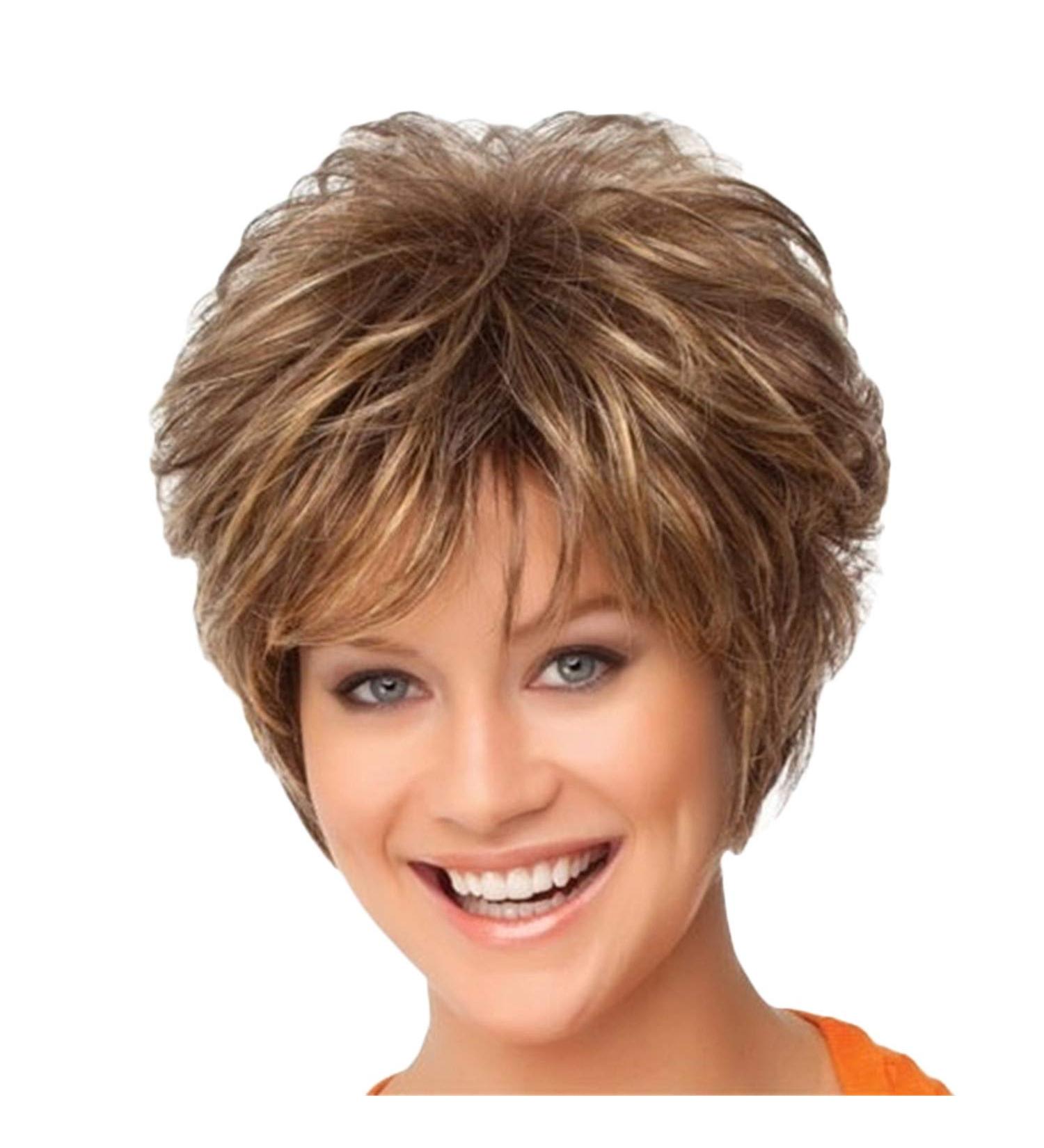 Jier Women's Short Curly Real Hair Wig with Bangs - Natural Light Brown & Blonde Mix - Buy Online on GoSupps.com