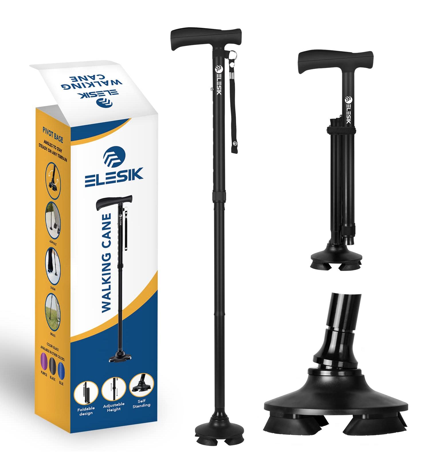 ELESIK Adjustable Folding Walking Cane for Seniors - T Handle, Pivot Base, Nylon Strap - Collapsible Black Stick for Safe Walking - Buy Online on GoSupps.com