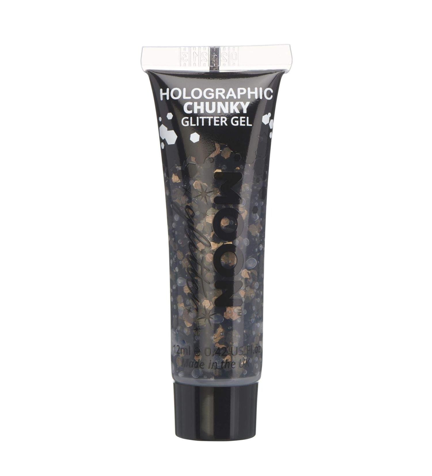 Holographic Chunky Black Glitter Gel by Moon Glitter - 12ml - for Face, Body, Hair, Nails - Cosmetic Festival Glitter Face Paint - Buy Online on GoSupps.com