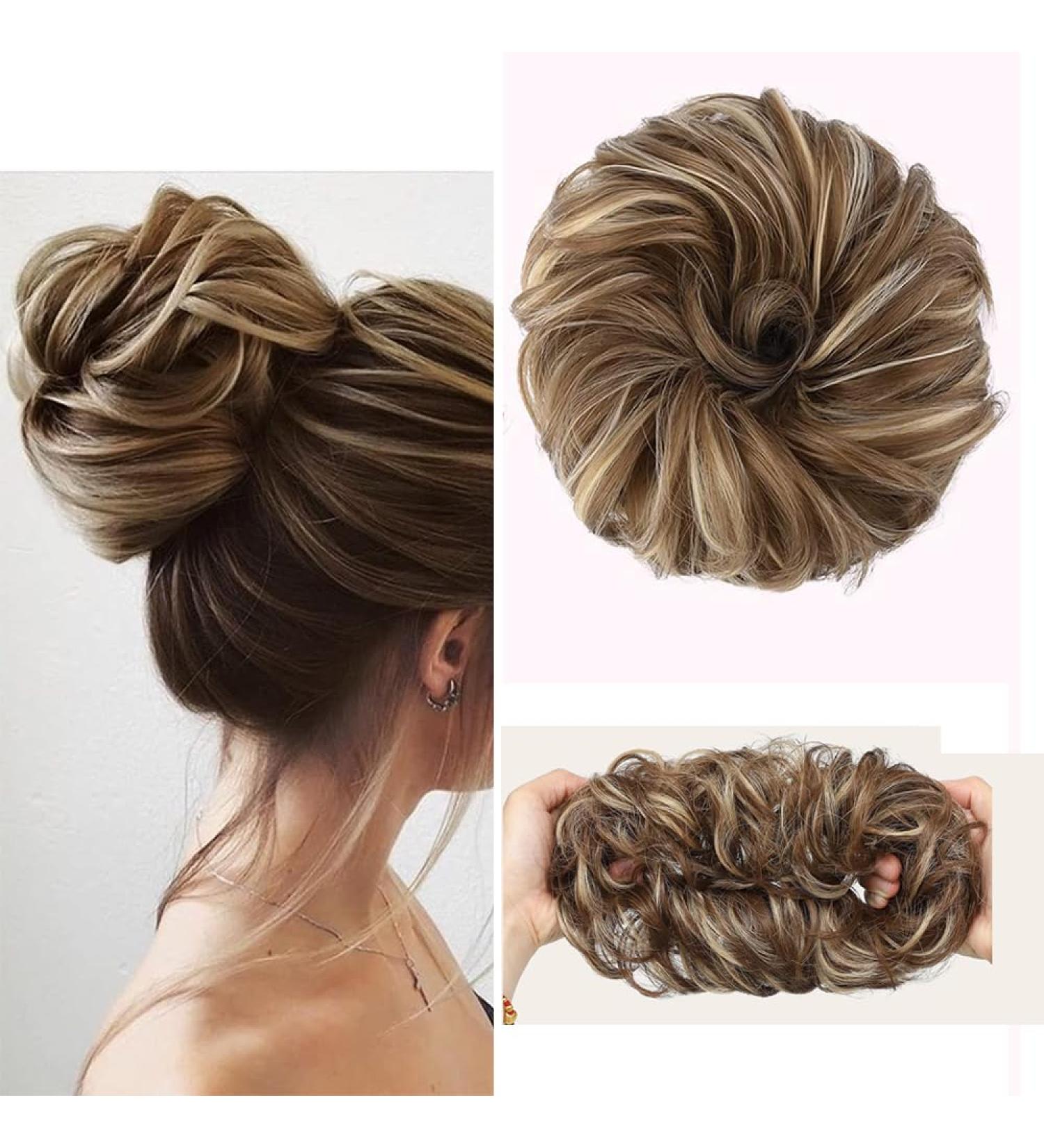 Messy Bun Hair Extensions - Rubber Band Hair Part Large Bun Tie Synthetic Ponytail | Light Brown & Gold Blonde - Buy Online on GoSupps.com