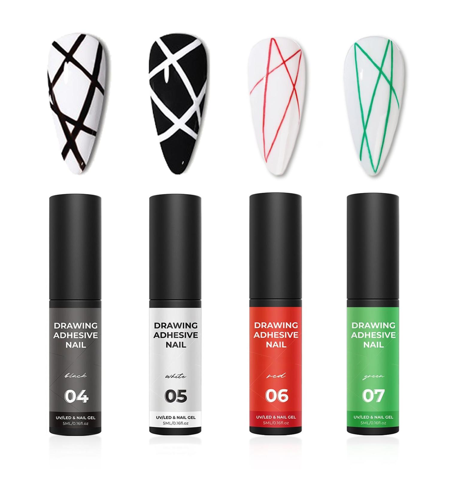 Gel Nail Polish Set 4 Color Metallic Painted Gel Polish White Black Red Green Liner Gel Nail Polish for Nail Art DIY UV/LED Soak Off Spring French Manicure Set with Thin Brush - Buy Online on GoSupps.com