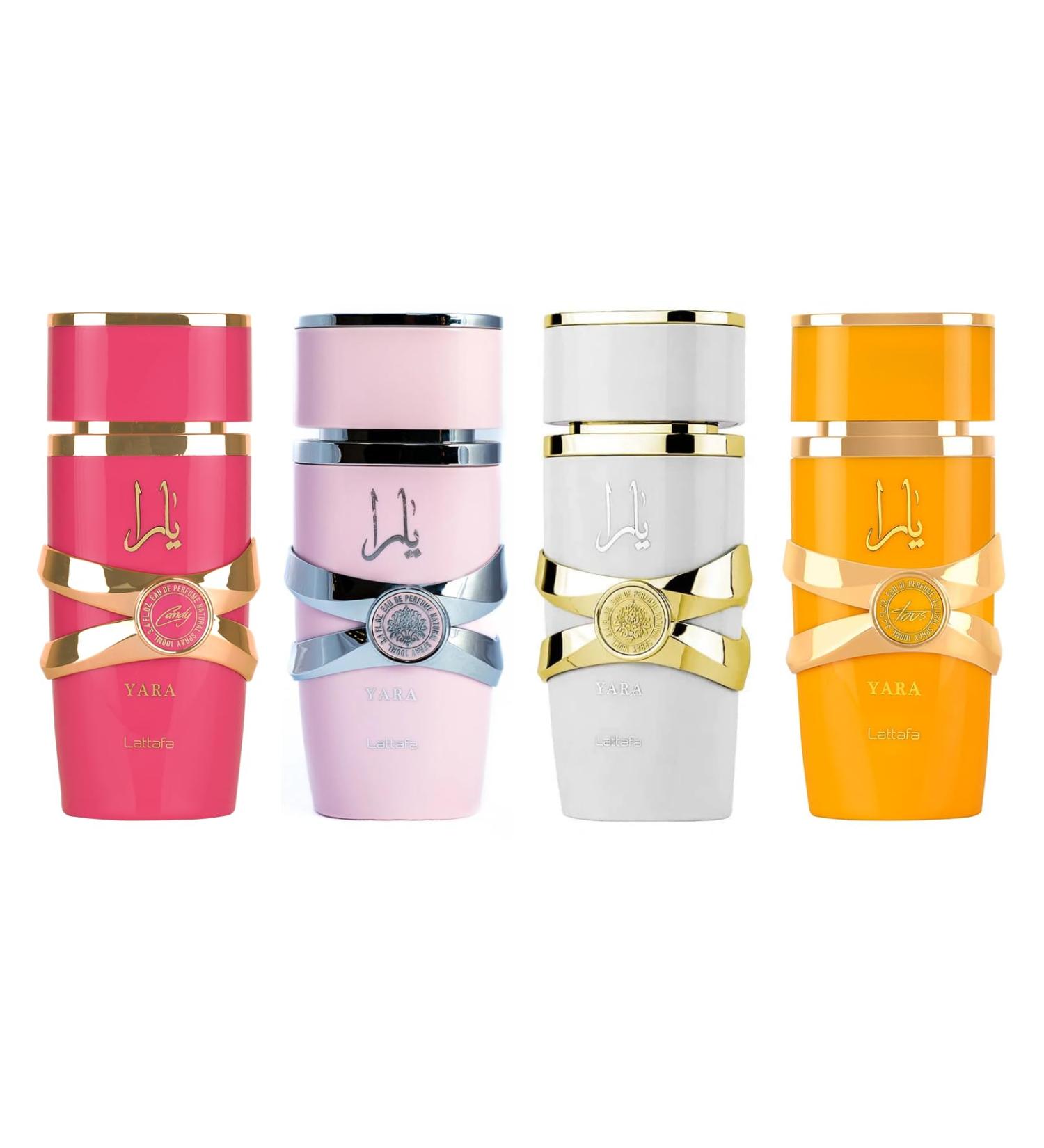 Lattafa 4 Piece Set Eau De Parfum Spray for Women (3.4 Ounce Yara + 3.4 Ounce Yara Moi + 3.4 Ounce Yara Tous + 3.4 Ounce Yara Candy) Yara Set 3.4 Fl Oz (Pack of 4)