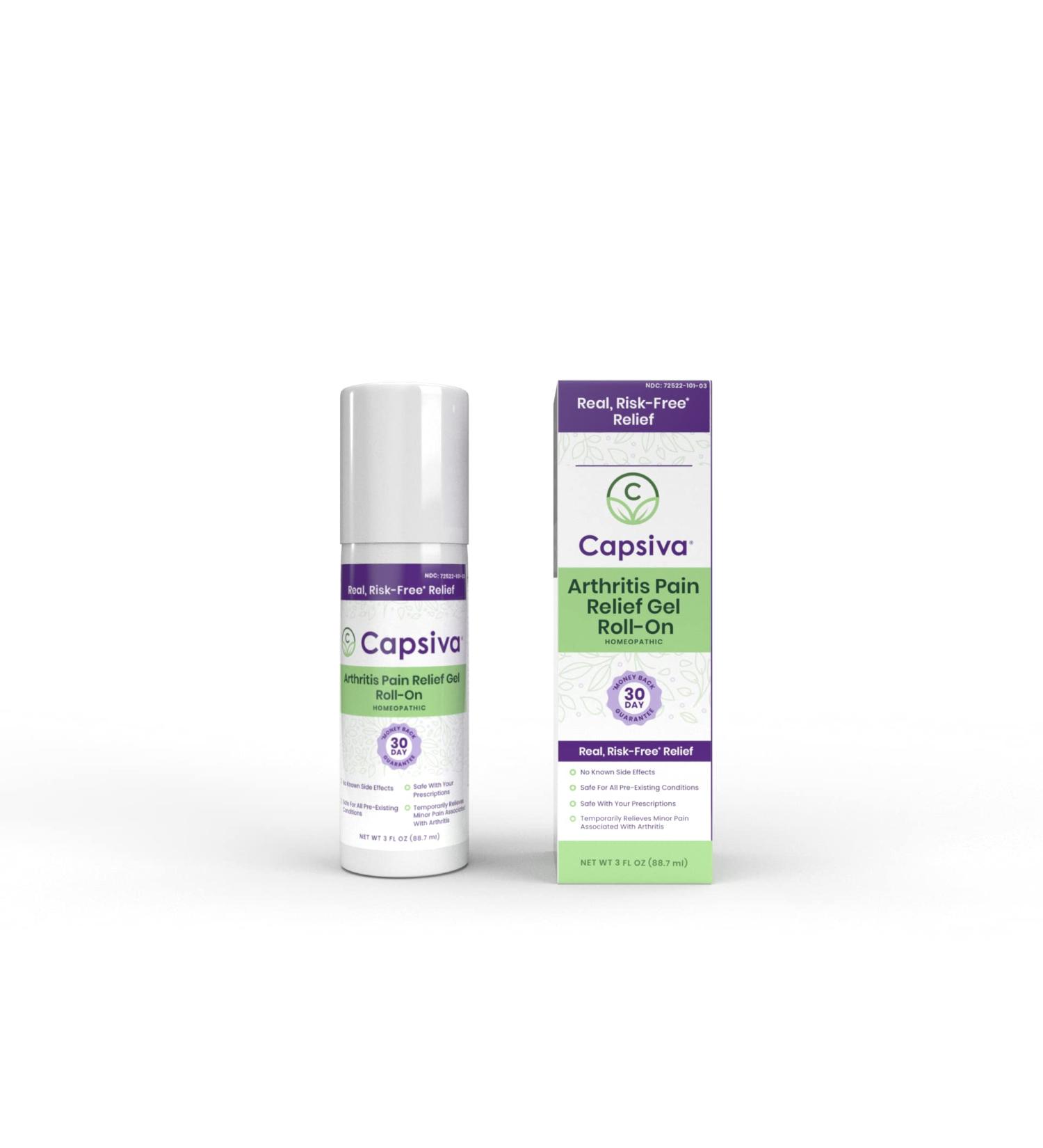 Capsiva Arthritis Pain Relief Roll-On for Hands, Neck, Back & Joints - 3oz | Non-Greasy, Odor-Free with Capsaicin & Arnica | Fast Absorbing Homeopathic Gel - Buy Online on GoSupps.com